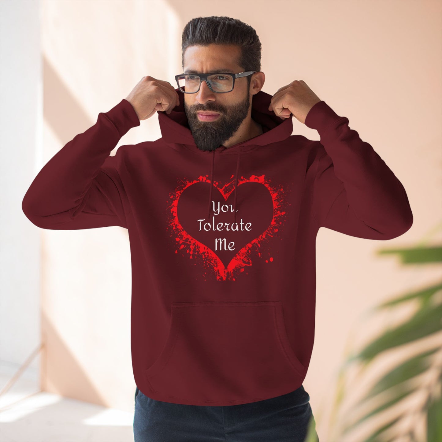 Heart Splash Hoodie — "Love Tolerate Me" Graphic Pullover