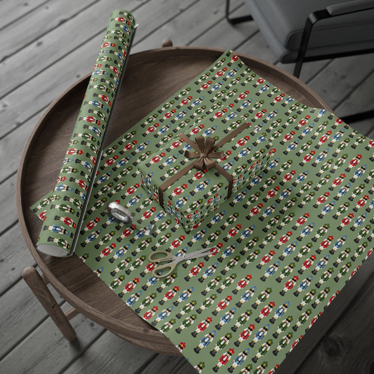 Nutcracker Pattern Wrapping Paper Roll — Festive Green Holiday Gift Wrap