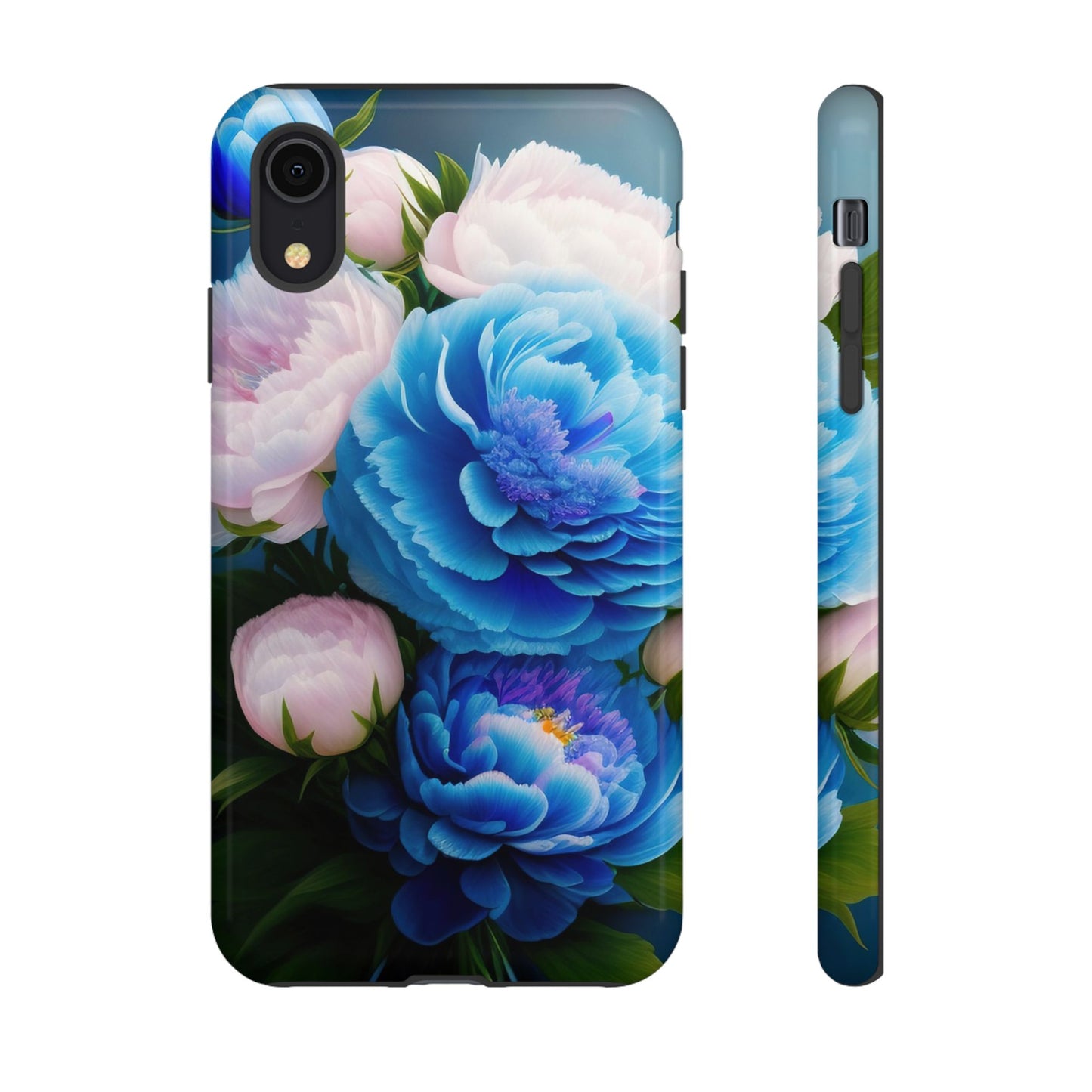 Floral Blue Peony Phone Case — Protective Tough Case with Pink & Blue Blooms
