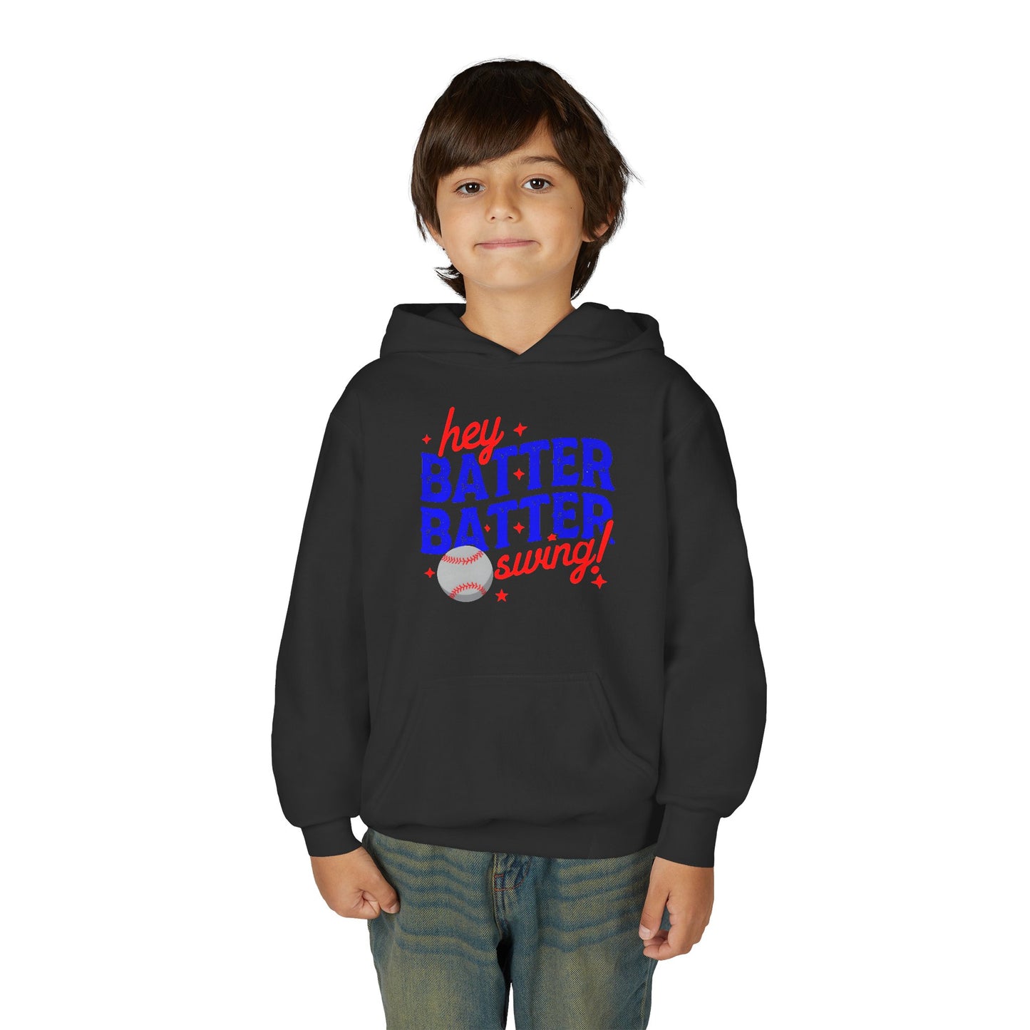 Youth Baseball Hoodie — "Hey Batter Batter Swing!" Graphic