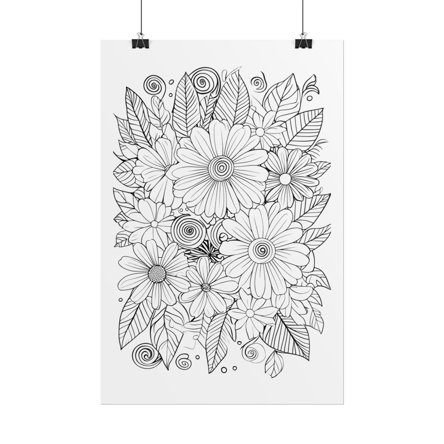 Floral Coloring Poster — Rolled Black & White Doodle Print for Adults, DIY Wall Art