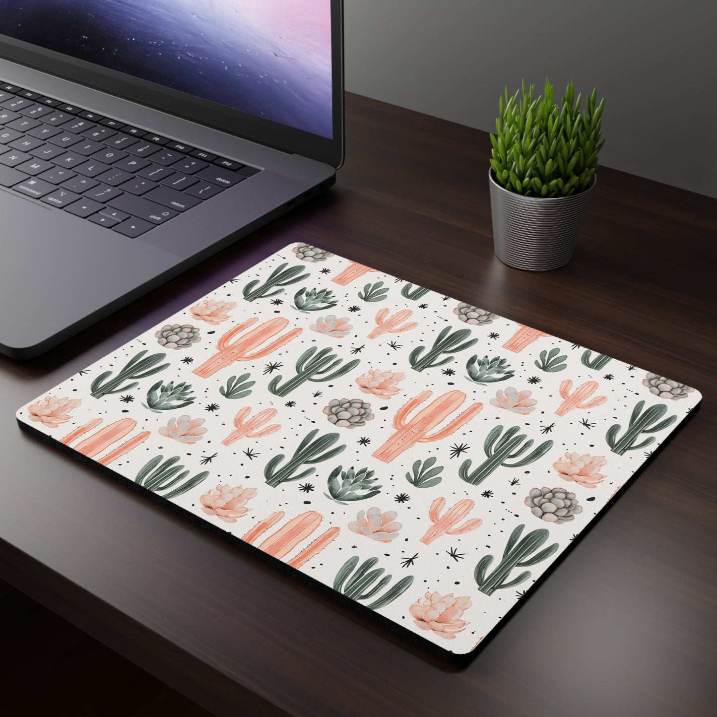 Cactus Pattern Rectangular Mouse Pad — Peach & Green Desert Succulent Desk Mat