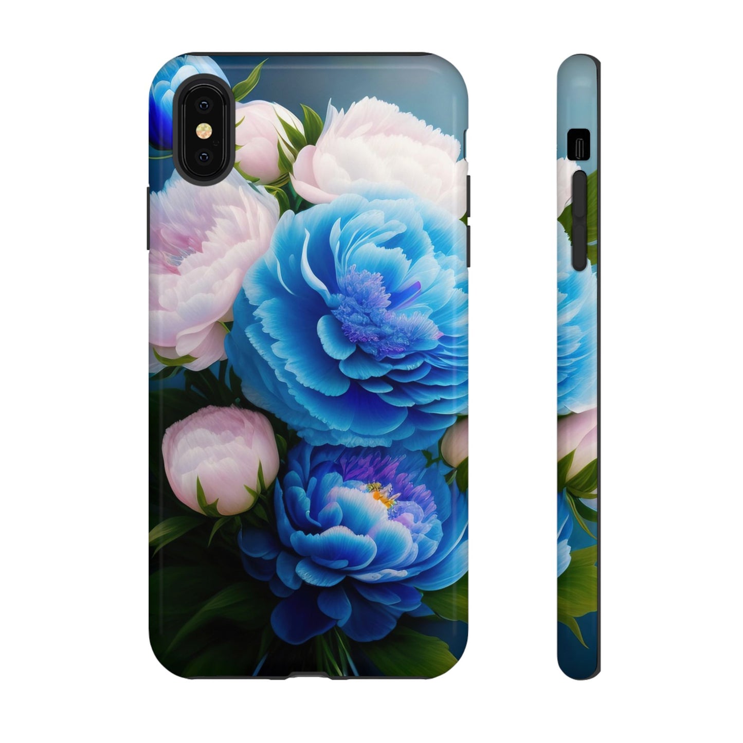 Floral Blue Peony Phone Case — Protective Tough Case with Pink & Blue Blooms