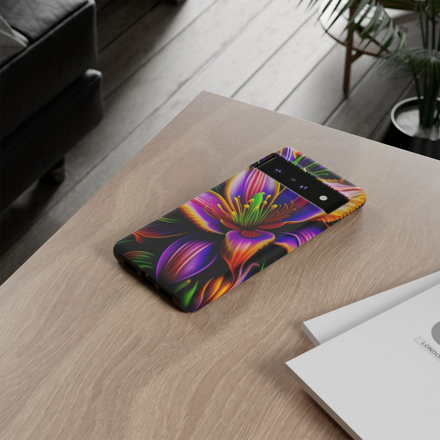 Floral Neon Tough Phone Case — Vivid Purple & Orange Lily Protective Cover