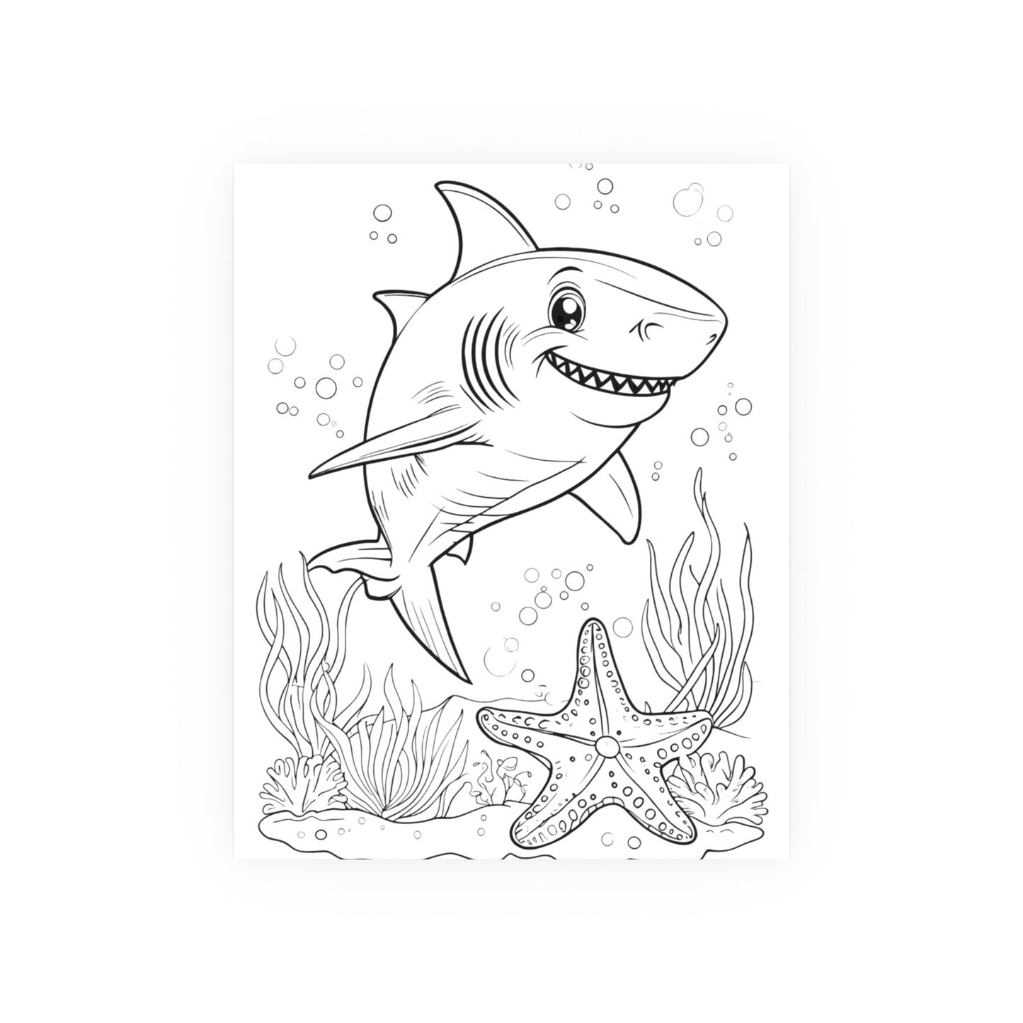 Cute Shark Coloring Poster — Satin & Archival Matte Ocean Print for Kids’ Rooms