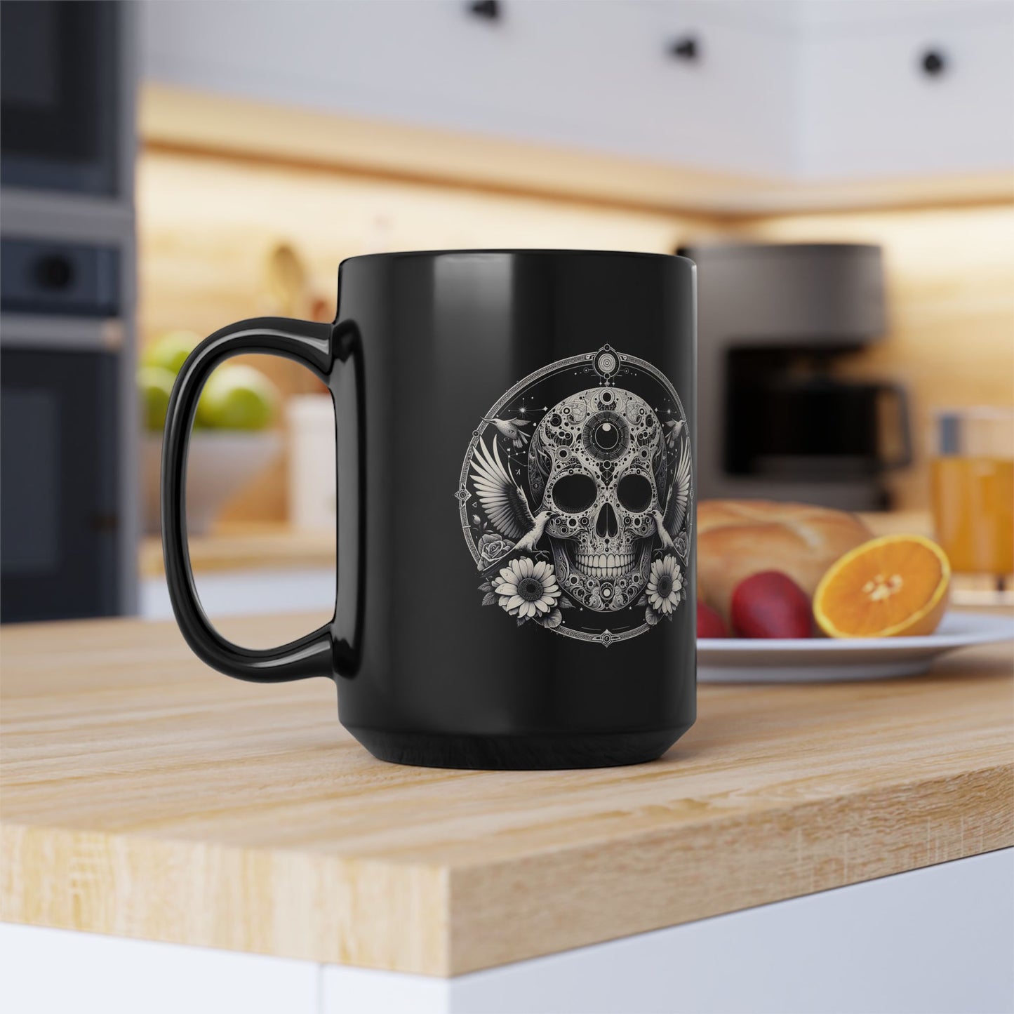 15oz Black Mug — Gothic Skull with Doves & Daisies Coffee Cup