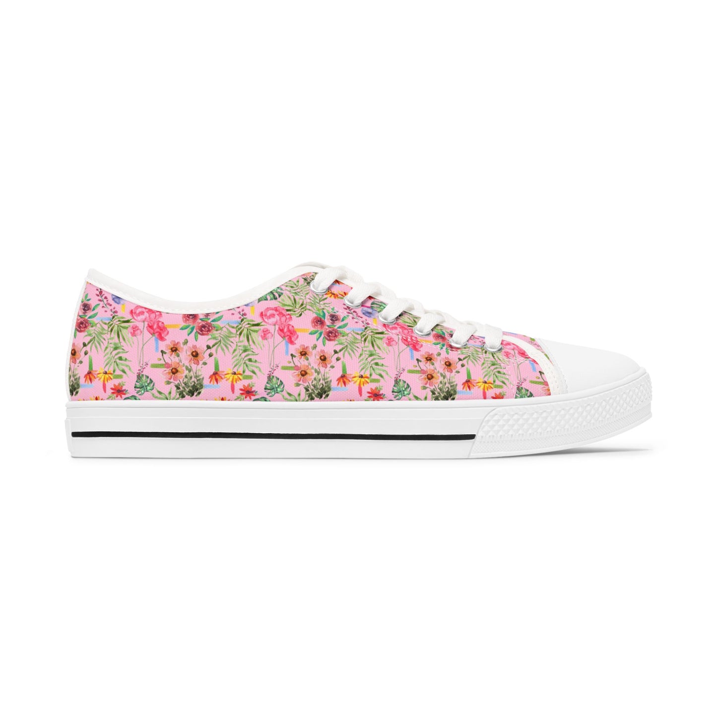 Floral Pink Low Top Sneakers — Women's Garden Print Casual Shoes