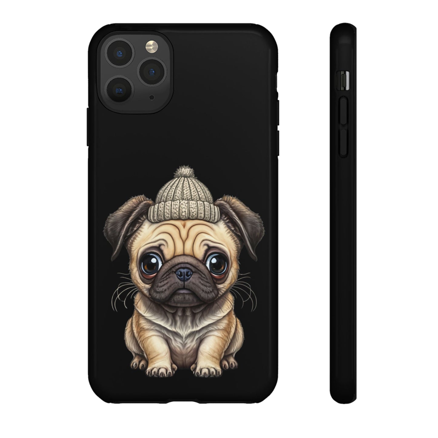 Pug Phone Case – Cute Pug Puppy Illustration on Black Tough Case