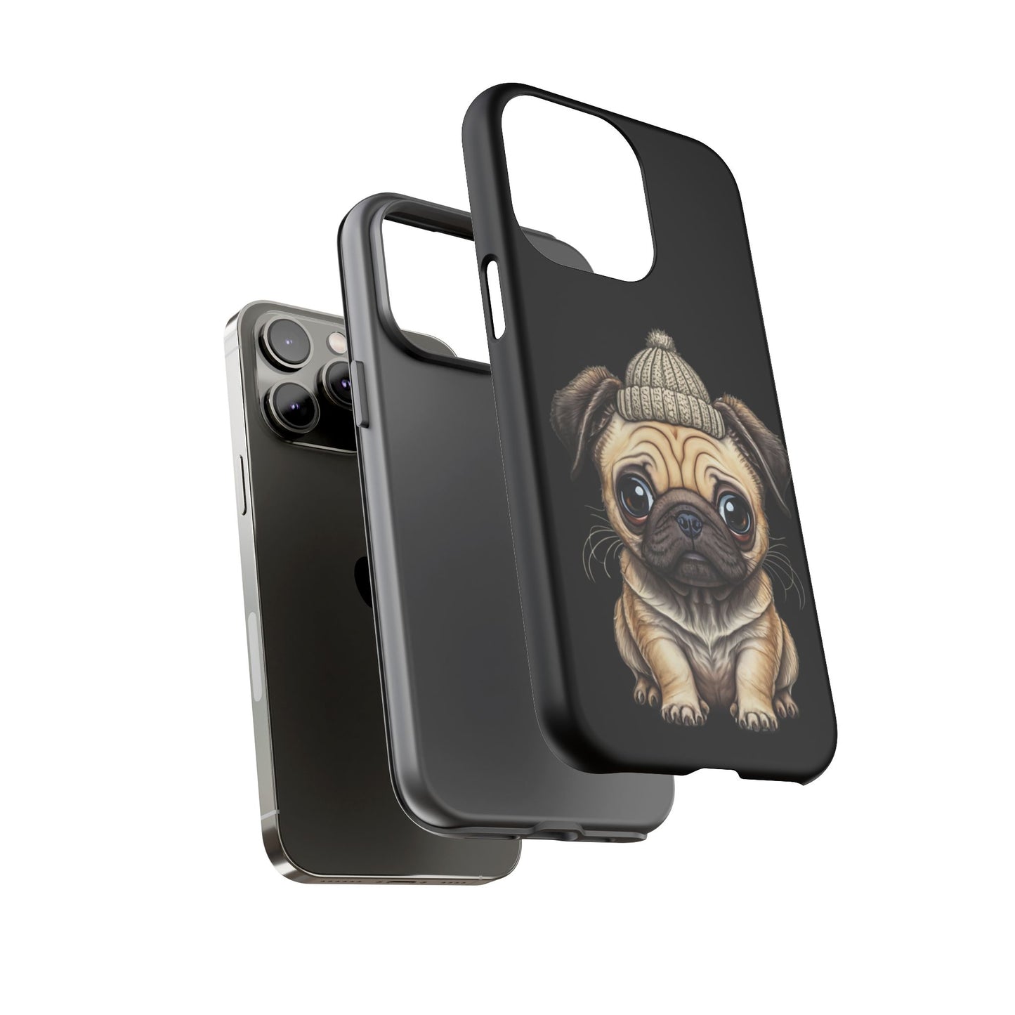 Pug Phone Case – Cute Pug Puppy Illustration on Black Tough Case