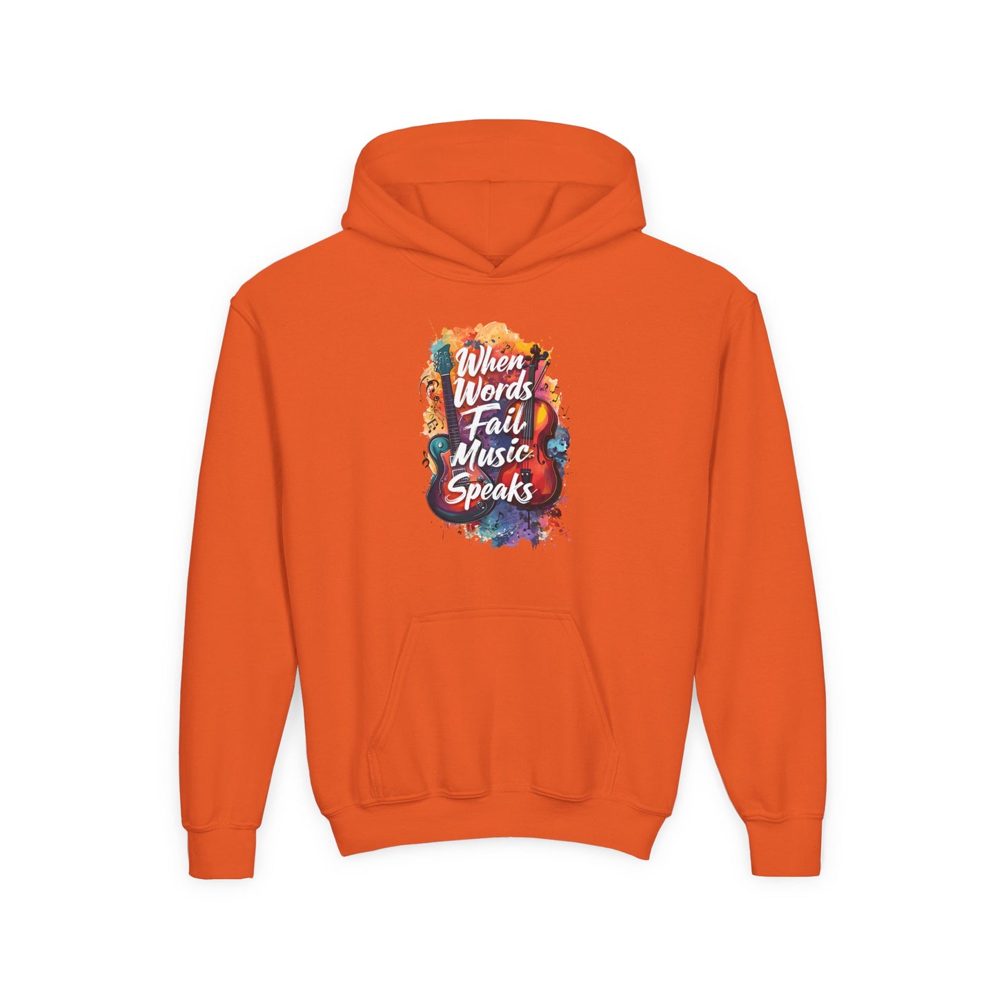 Youth Hoodie — "When Words Fail Music Speaks" Colorful Watercolor Design