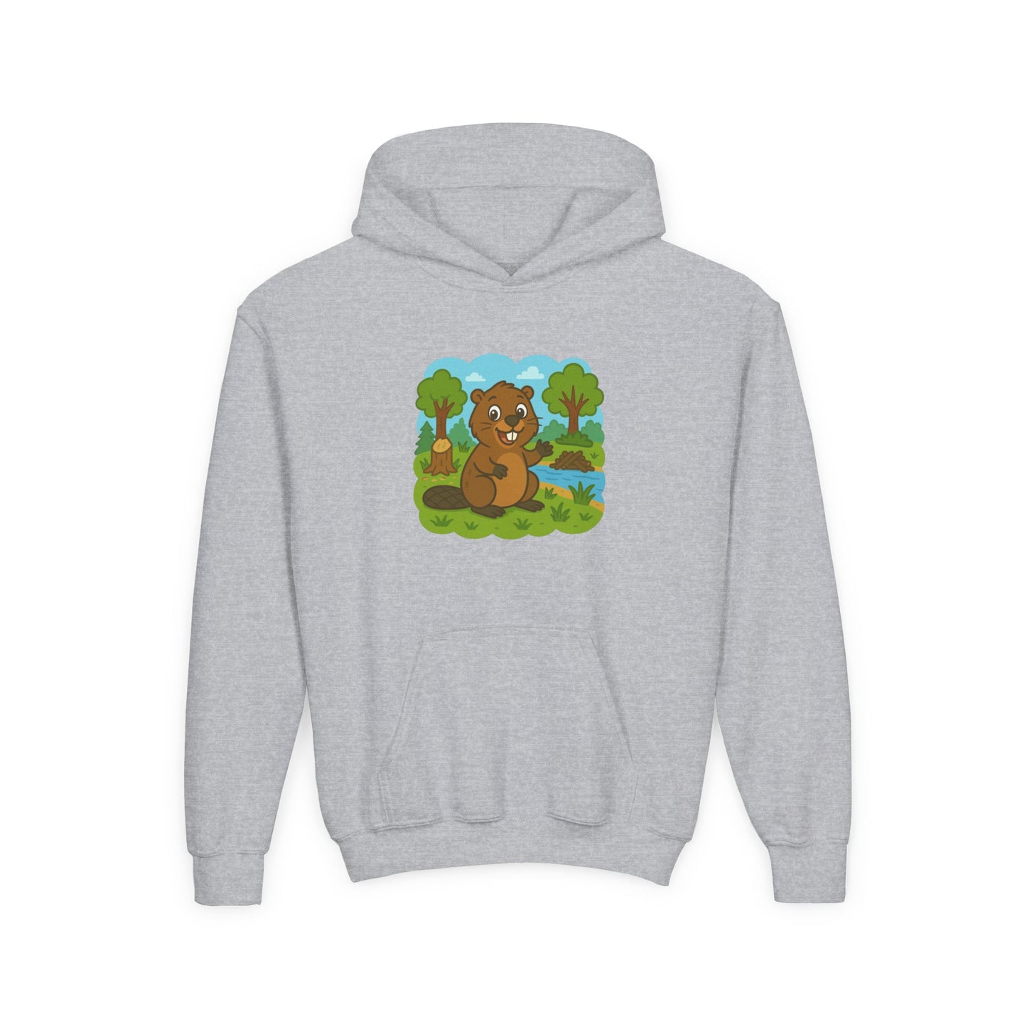 Cartoon Beaver Forest Scene Youth Hoodie | Woodland Animal Kids Sweatshirt