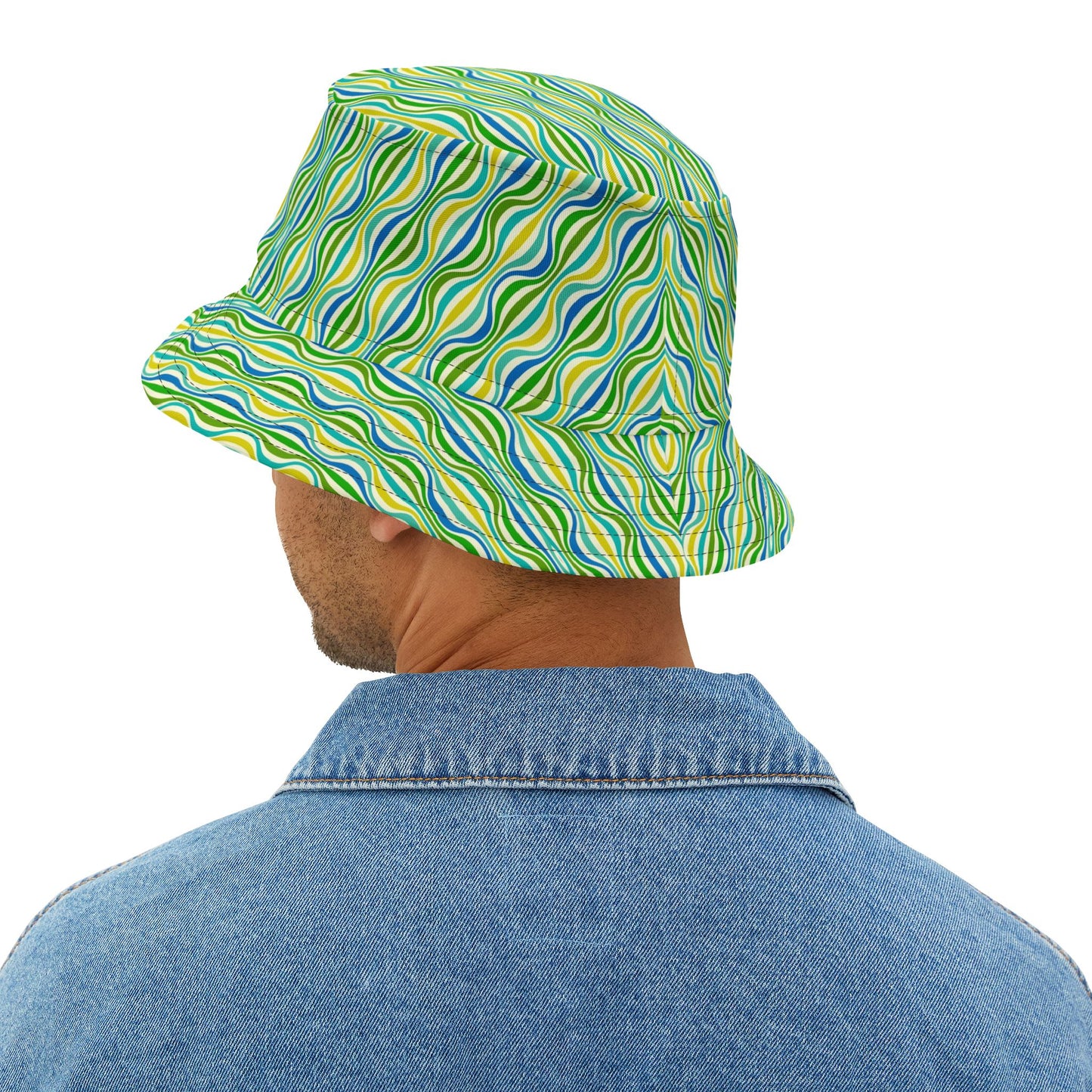 Green Wave Pattern Bucket Hat — Retro Groovy Summer Sun Hat