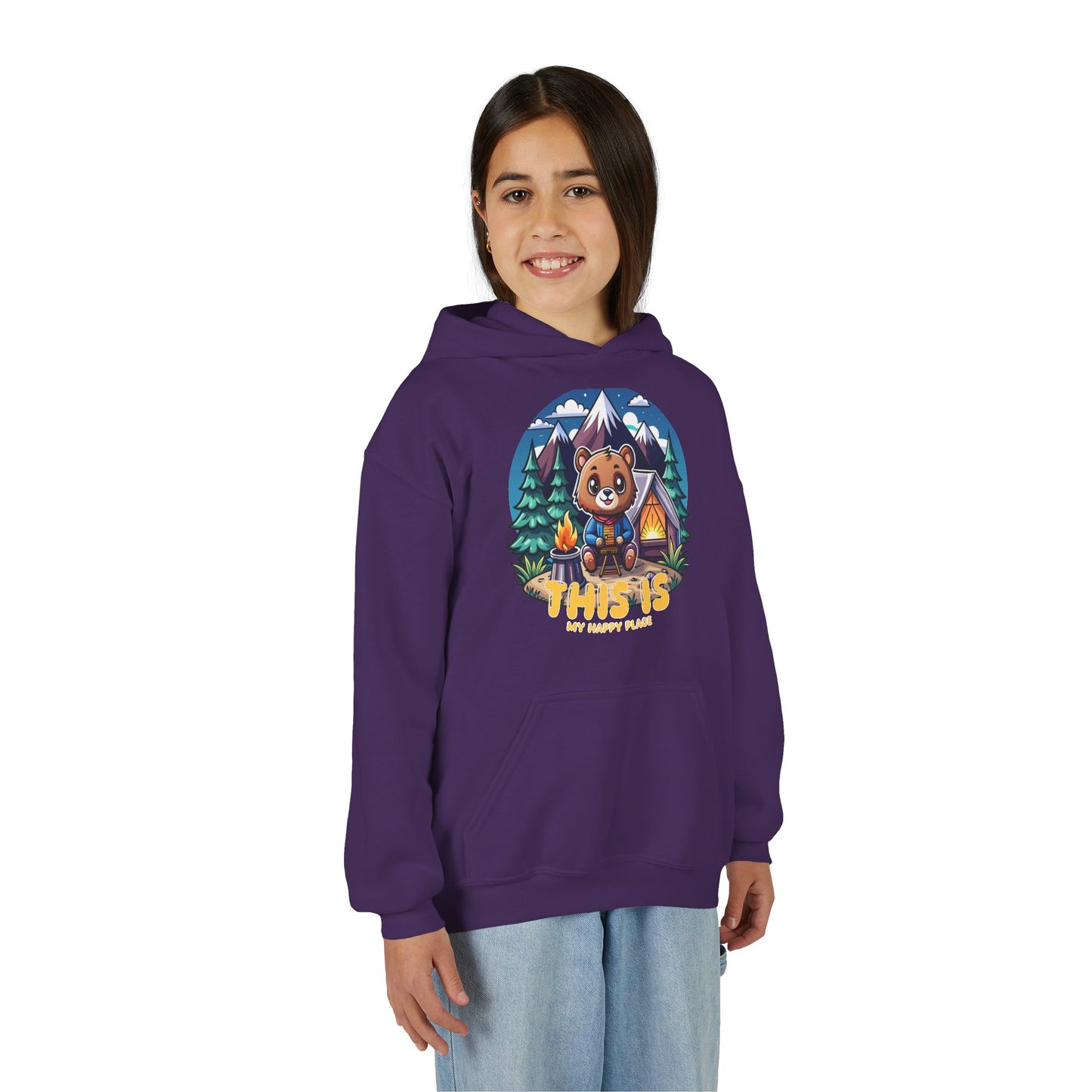 Youth Bear Camping Hoodie — "This is My Happy Place" Cozy Kid’s Outdoor Sweatshirt