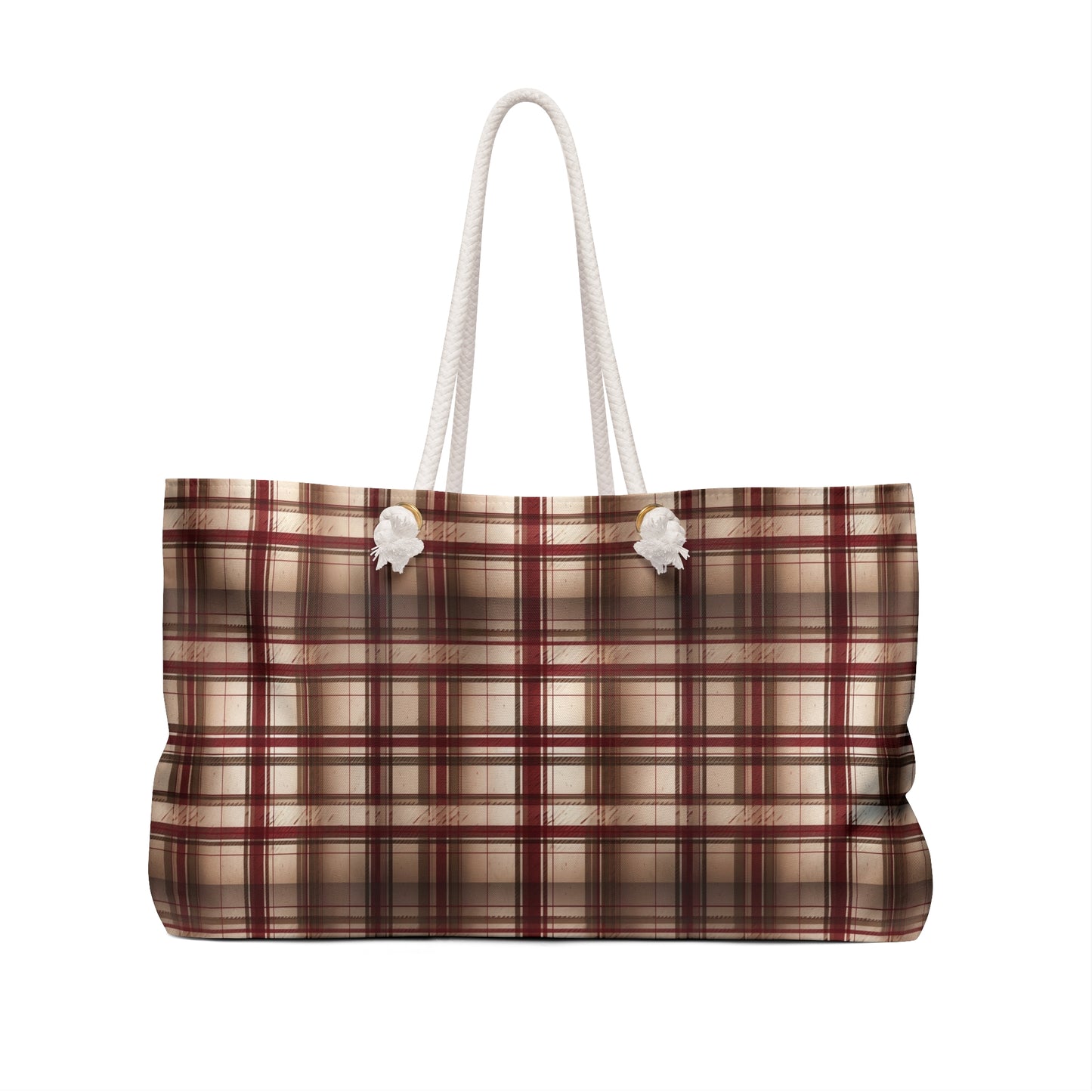 Plaid Weekender Bag — Rustic Brown & Burgundy Travel Tote