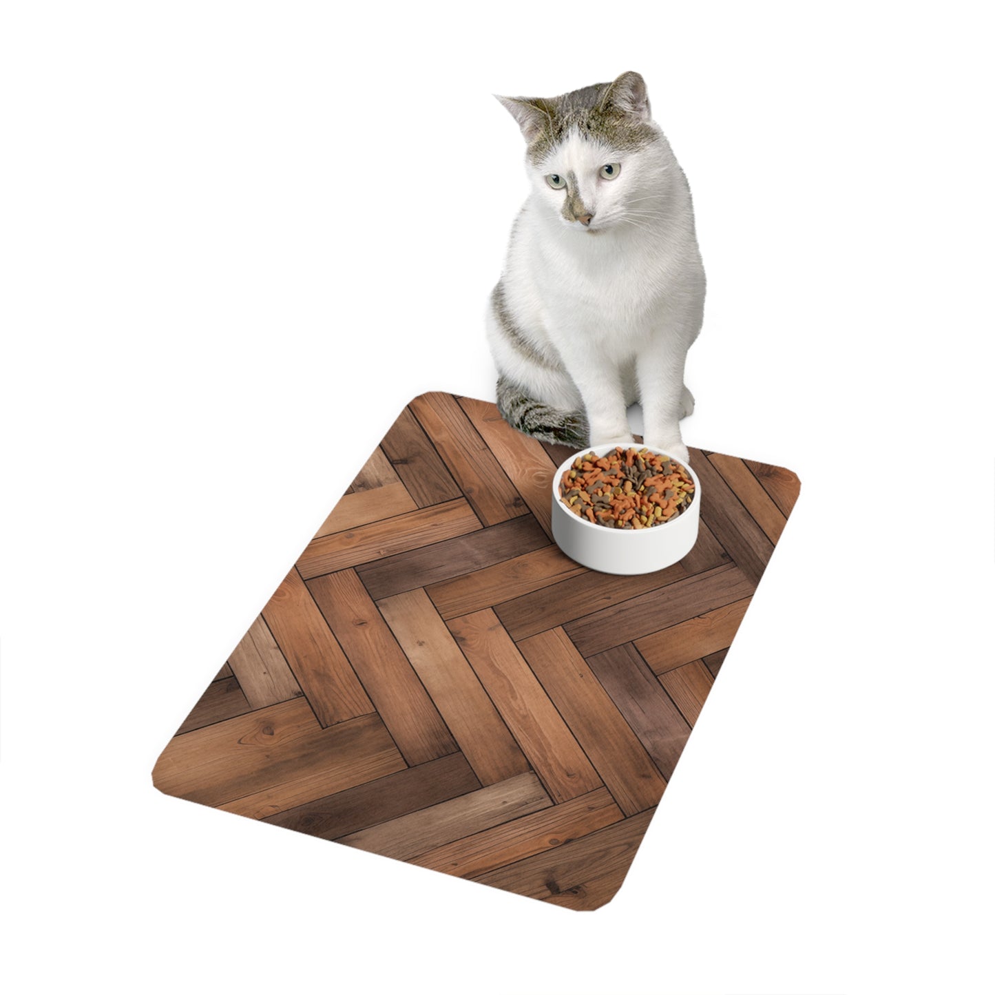 Wood Herringbone Pet Food Mat (12x18) — Non-Slip Feeding Placemat