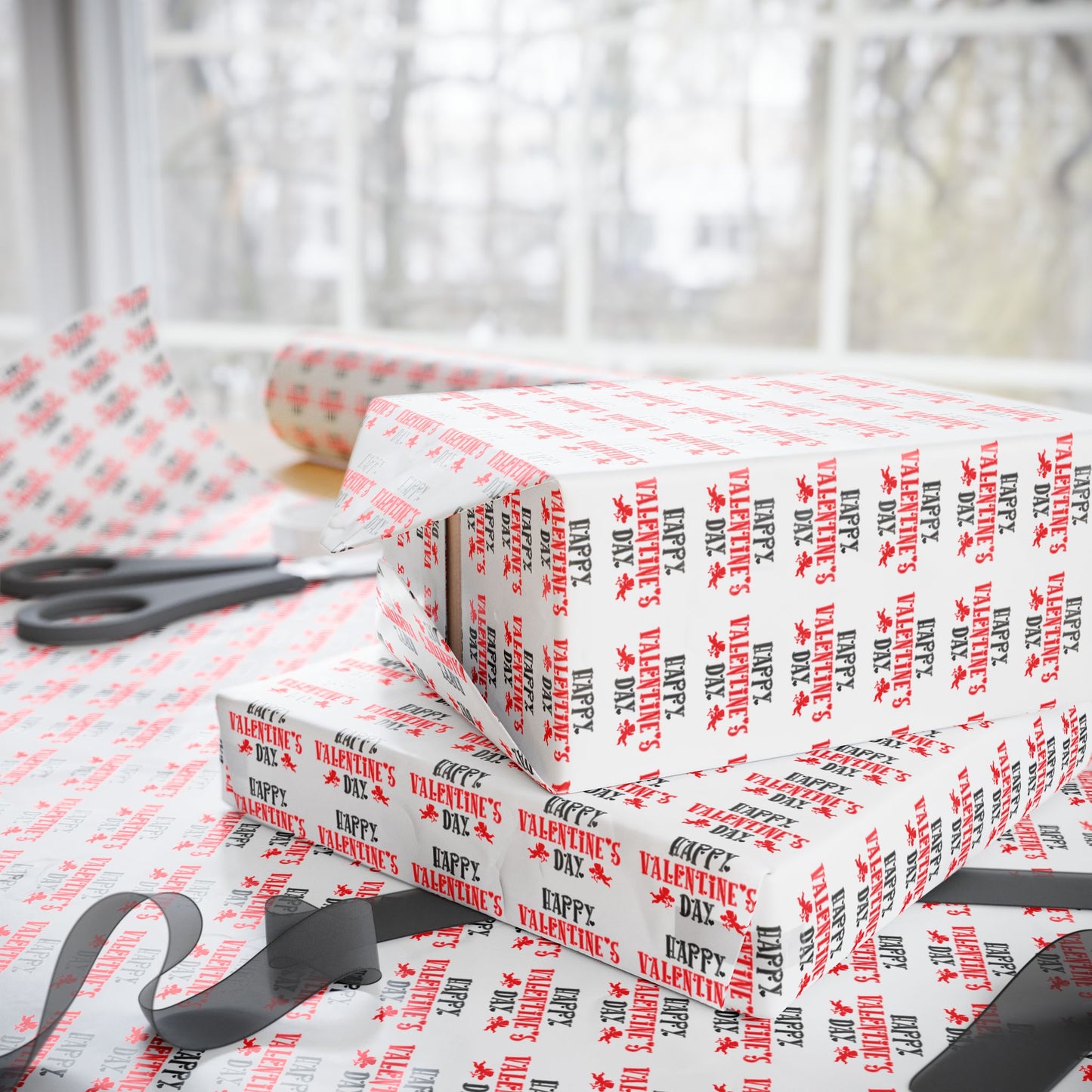 Wrapping Paper Roll — Festive "Happy Valentine's Day" Red & Black Pattern