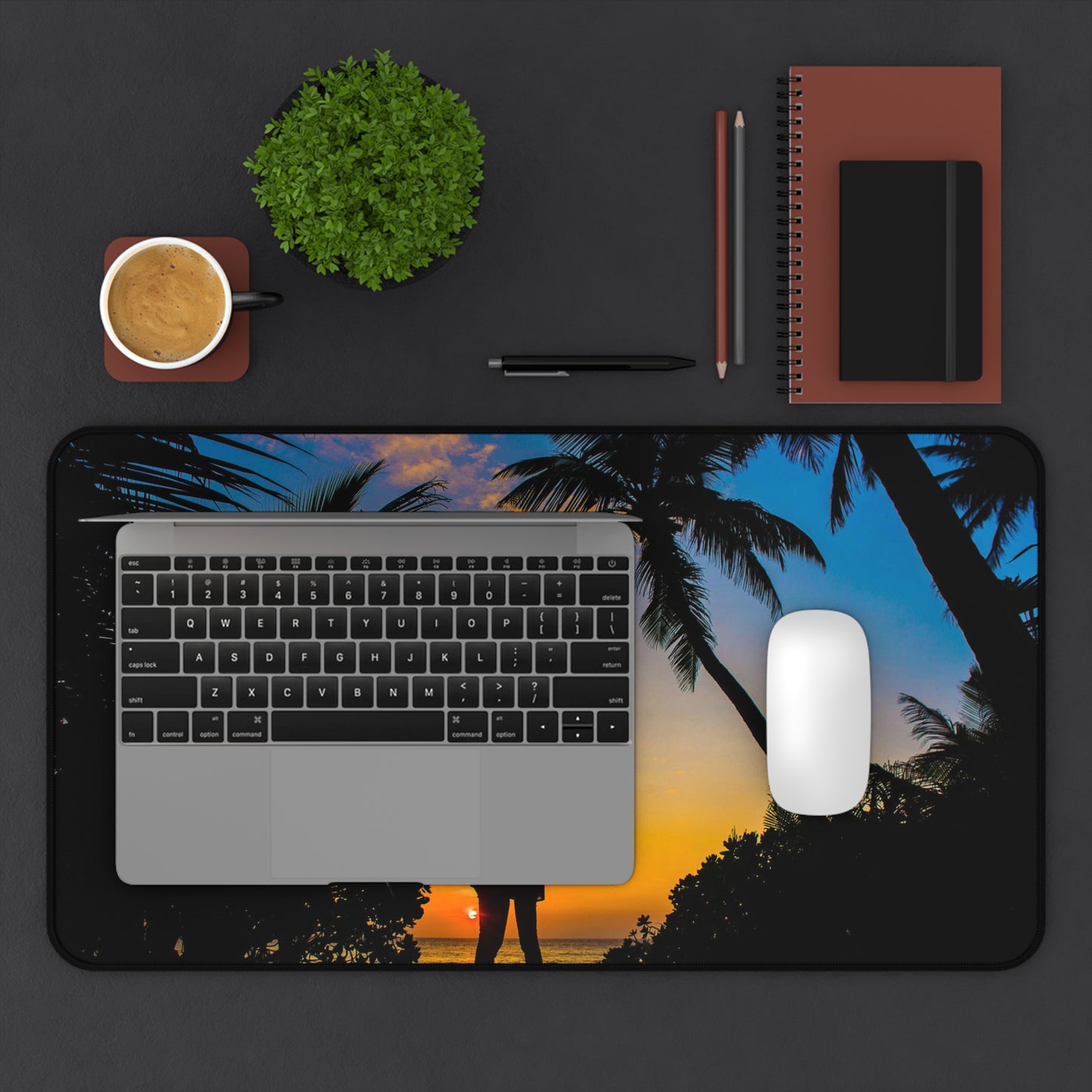 Sunset Beach Romance Desk Mat — Tropical Couple Silhouette Mouse Pad