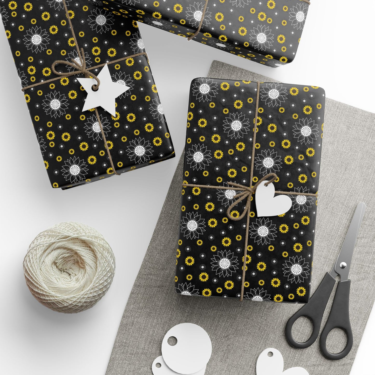 Sunflower Doodles Wrapping Paper Roll — Black & Yellow Floral Gift Wrap