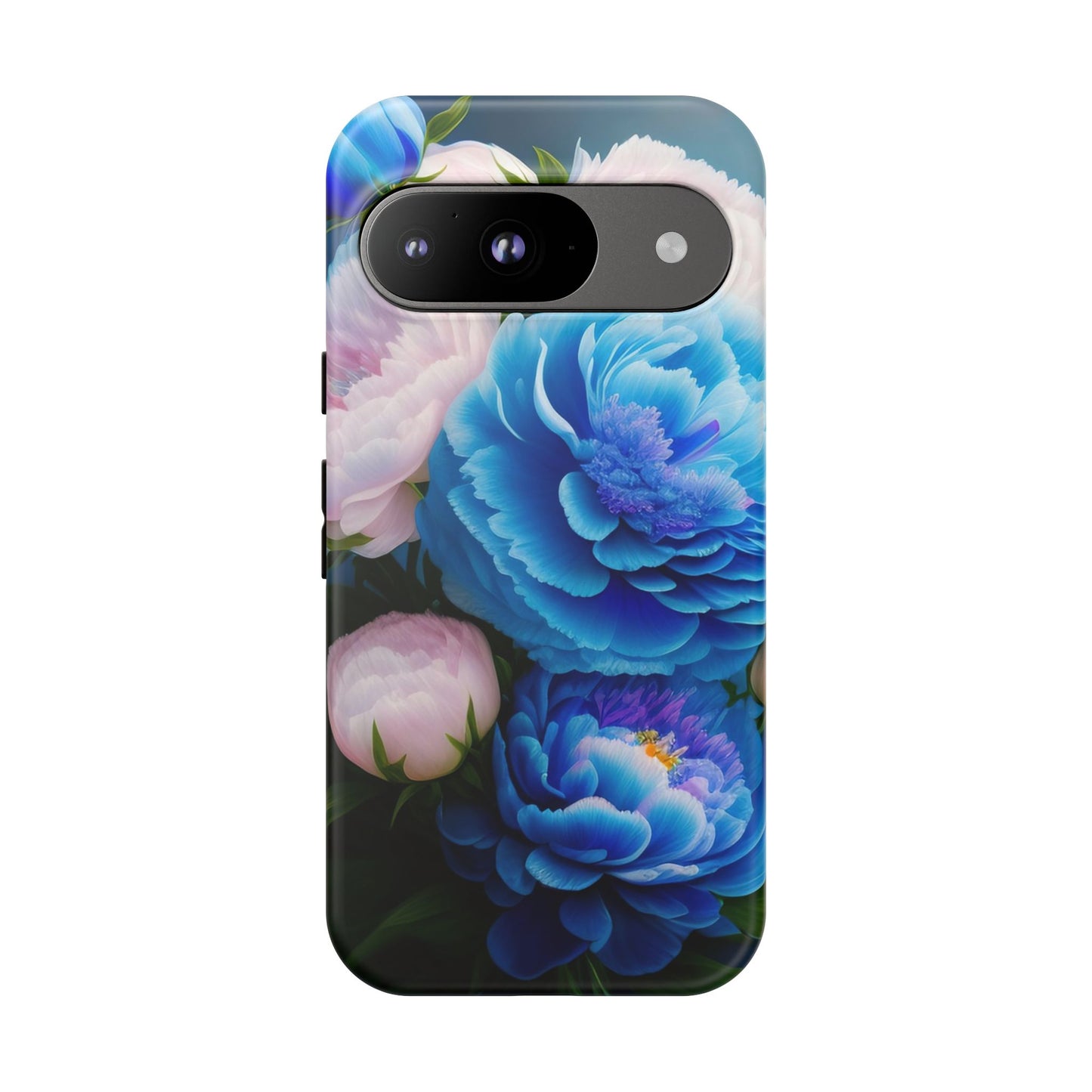 Floral Blue Peony Phone Case — Protective Tough Case with Pink & Blue Blooms