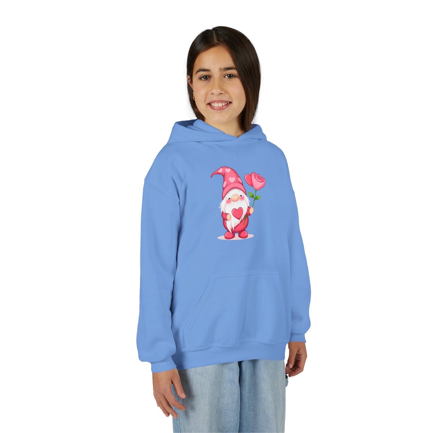 Valentine Gnome Kids Hoodie — Cute Pink Gnome Holding Rose Youth Sweatshirt