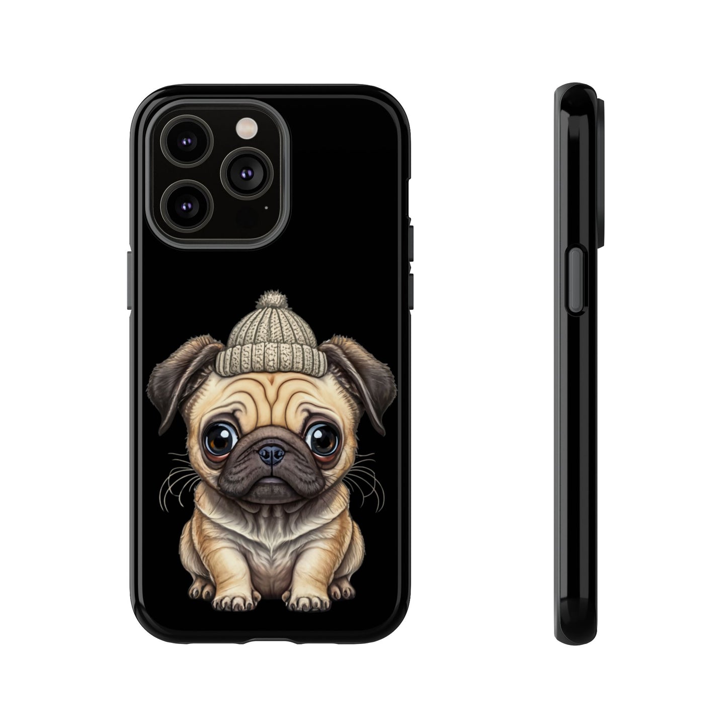 Pug Phone Case – Cute Pug Puppy Illustration on Black Tough Case