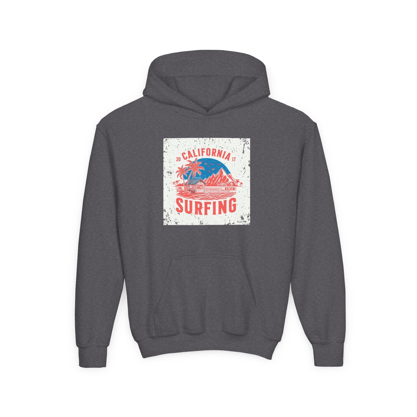 California Surfing Youth Hoodie — Retro Beach Palm Tree Surf Graphic