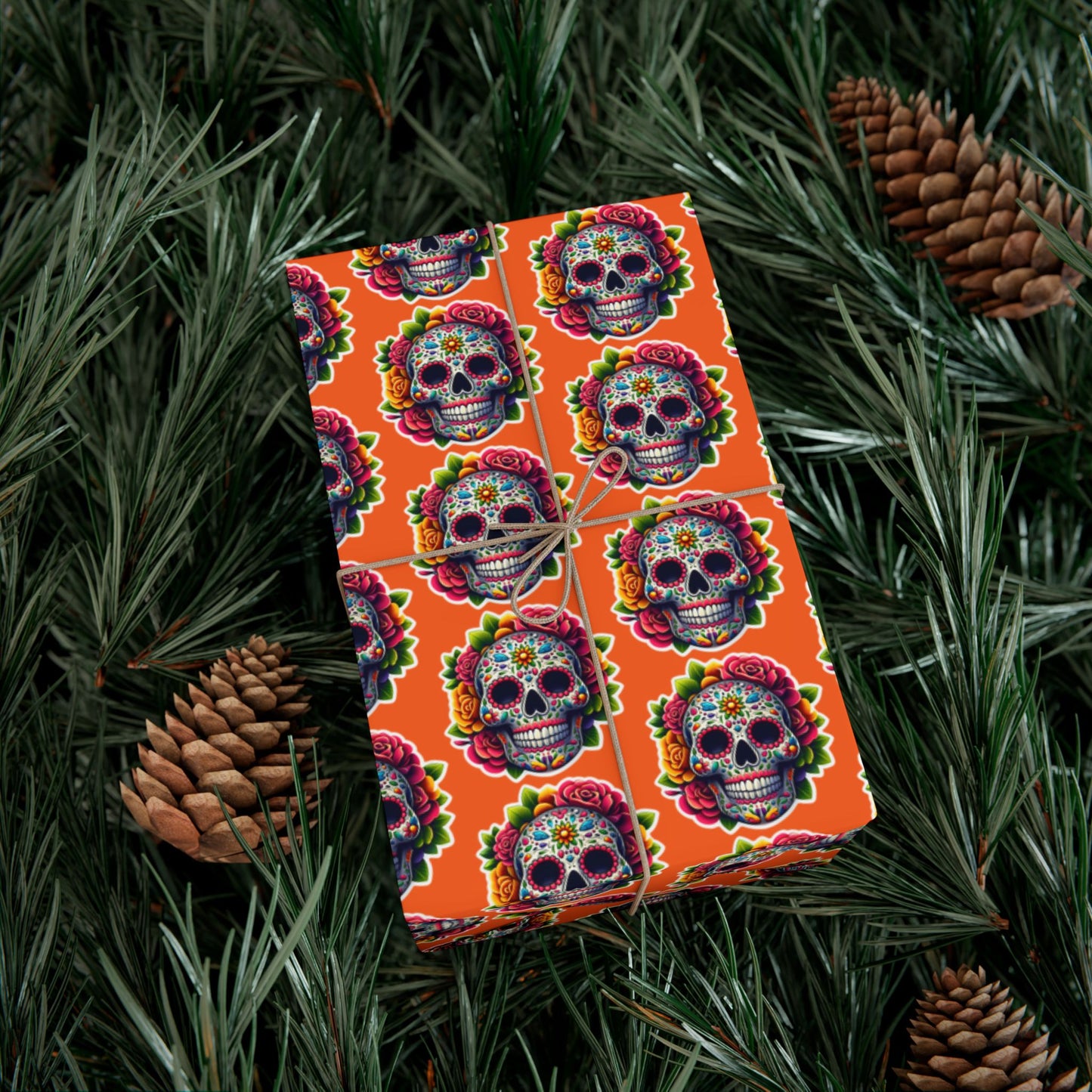 Day of the Dead Sugar Skull Gift Wrap Paper — Vibrant Orange Mexican Holiday Wrapping