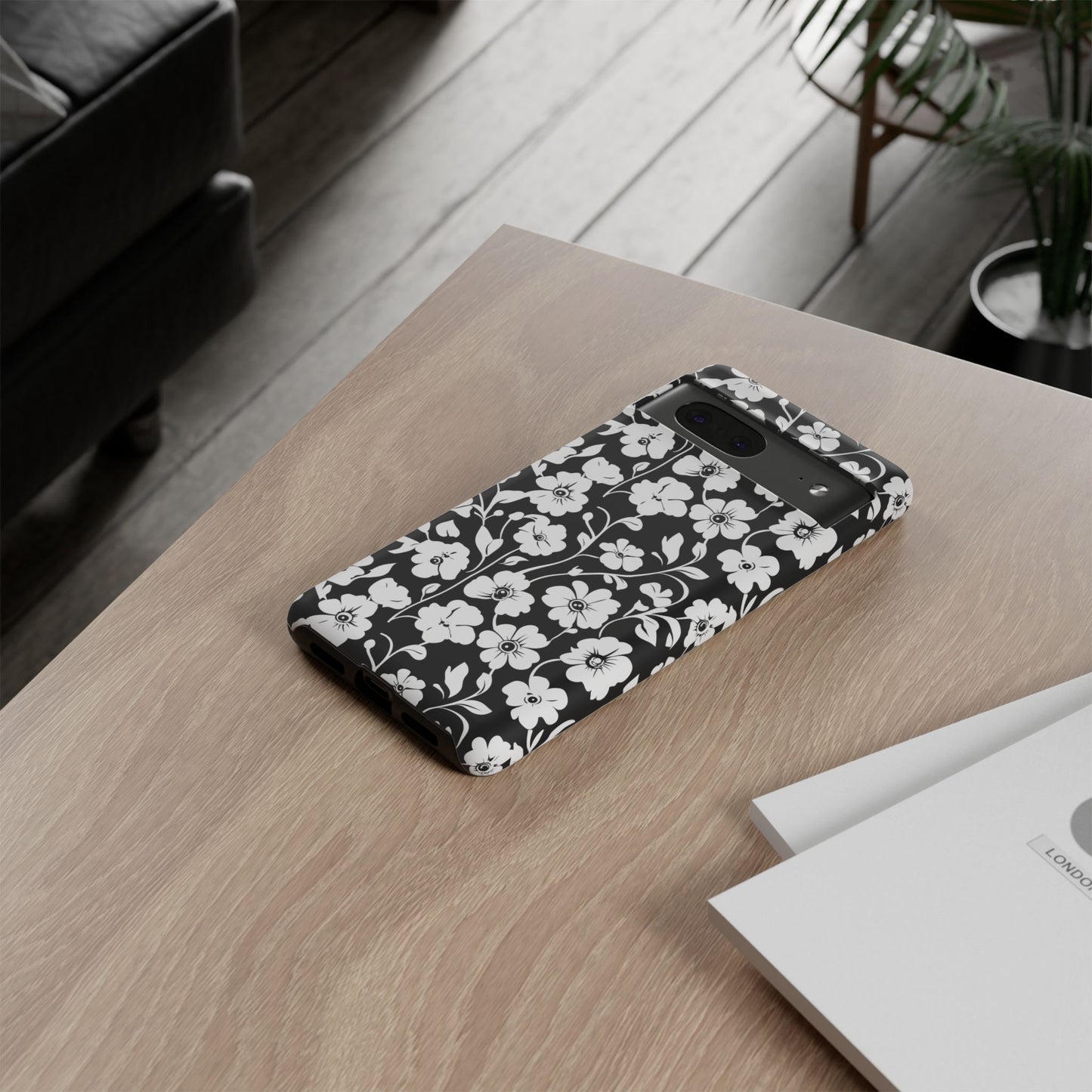 Floral Noir Tough Phone Case — Black & White Flower Protective Cover