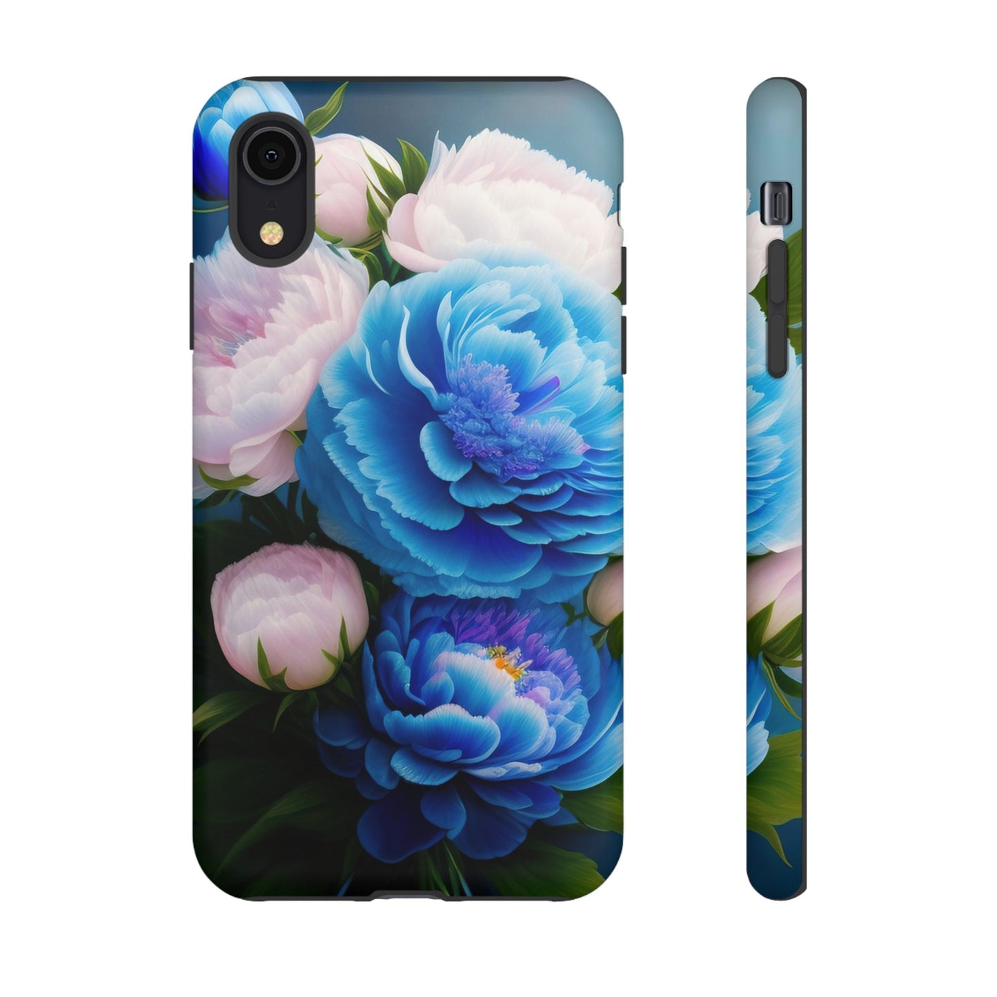 Floral Blue Peony Phone Case — Protective Tough Case with Pink & Blue Blooms