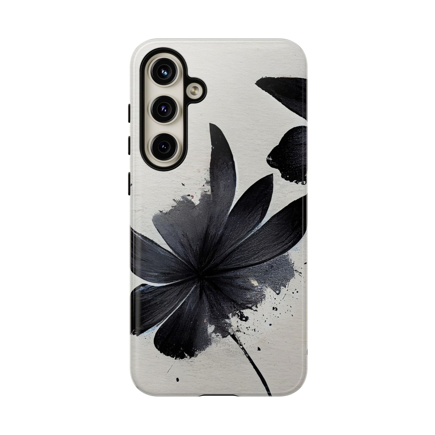 Monochrome Floral Tough Phone Case — Black Ink Flower Protective Cover