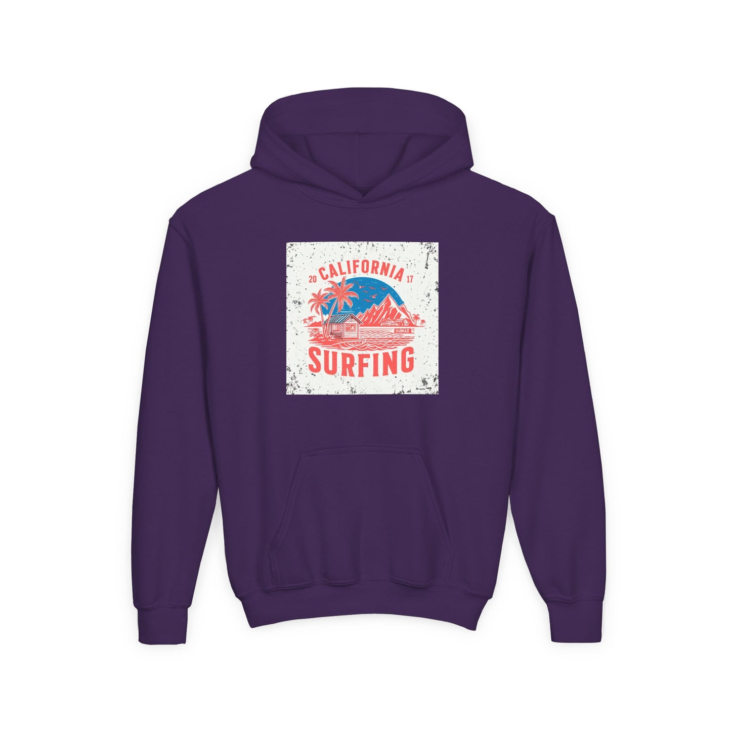 California Surfing Youth Hoodie — Retro Beach Palm Tree Surf Graphic