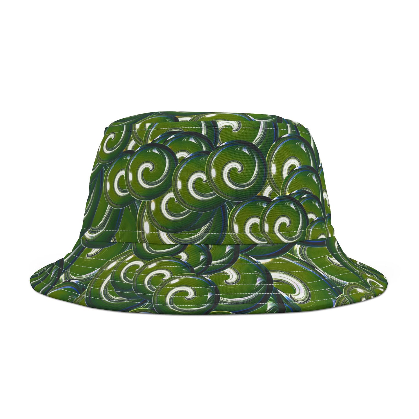 Green Swirl Pattern Bucket Hat – All-Over Print Casual Sun Hat