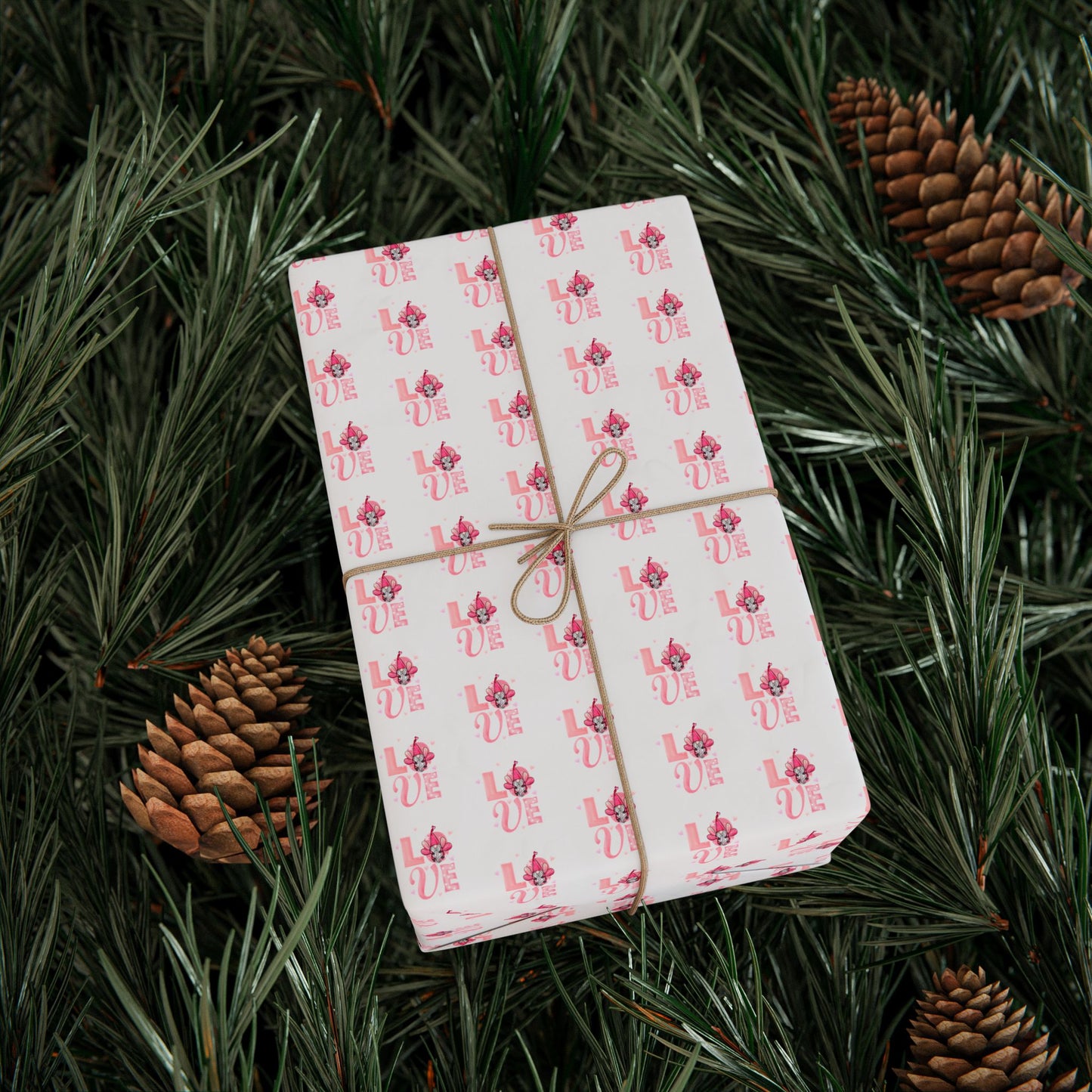 Wrapping Paper Roll — Pink Floral “Love” Pattern Gift Wrap for Valentine’s Day & Weddings