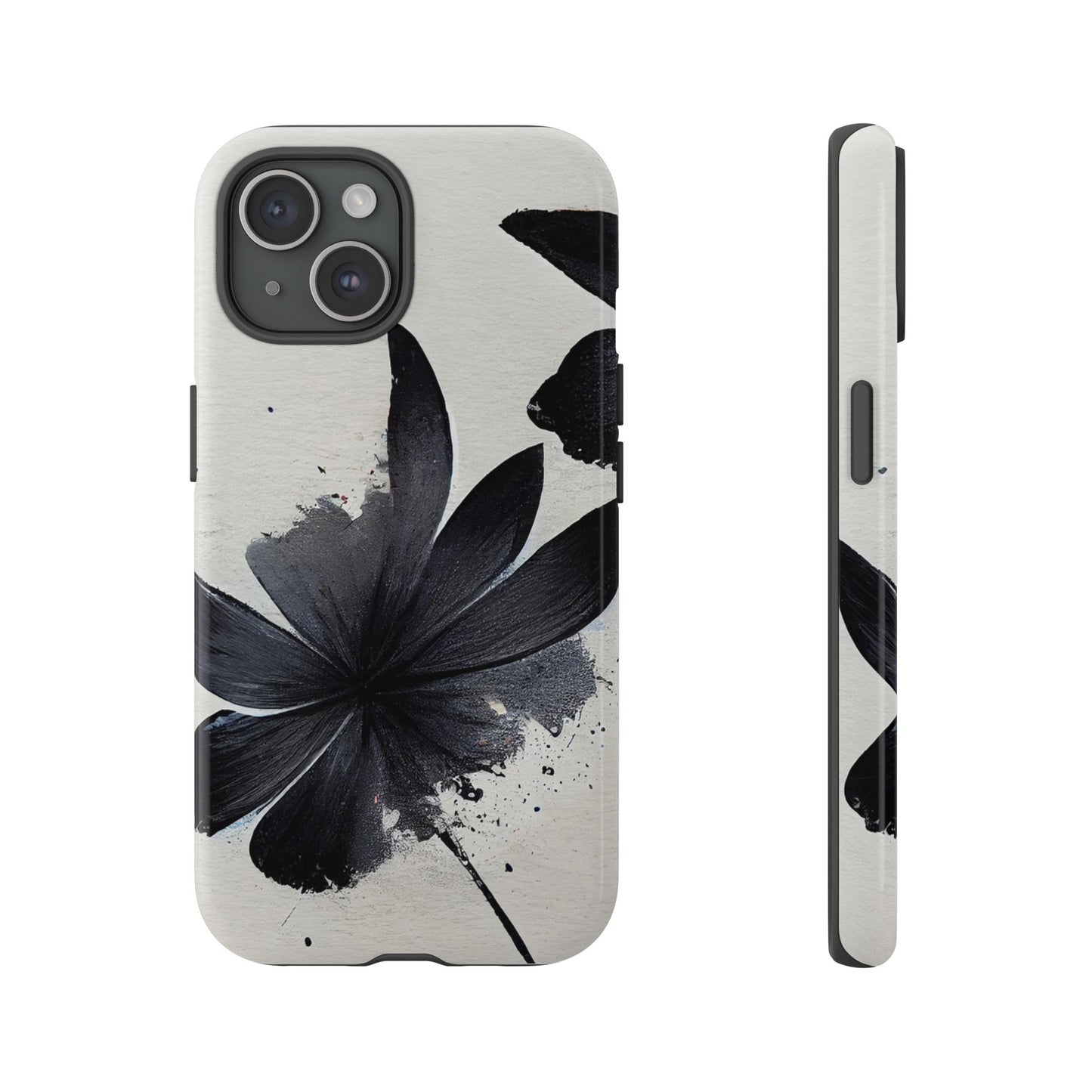 Monochrome Floral Tough Phone Case — Black Ink Flower Protective Cover