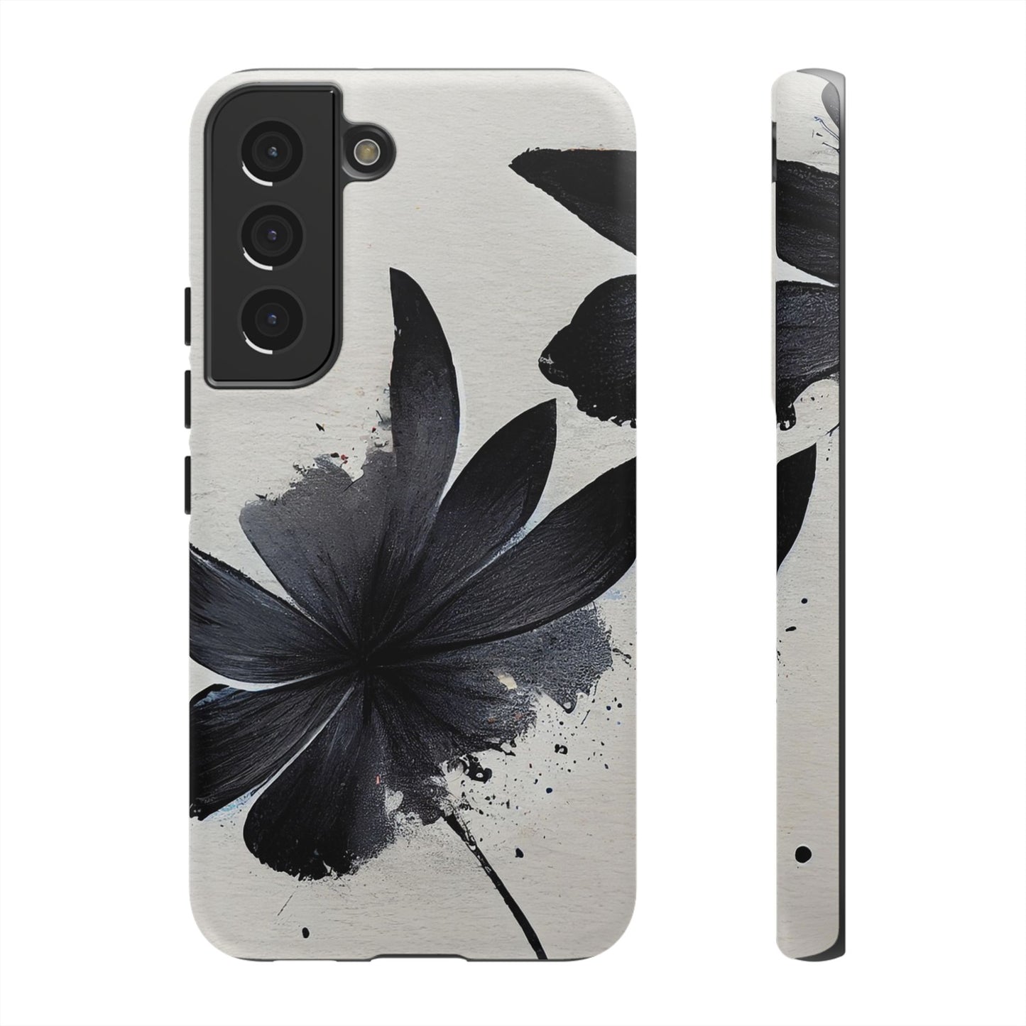 Monochrome Floral Tough Phone Case — Black Ink Flower Protective Cover