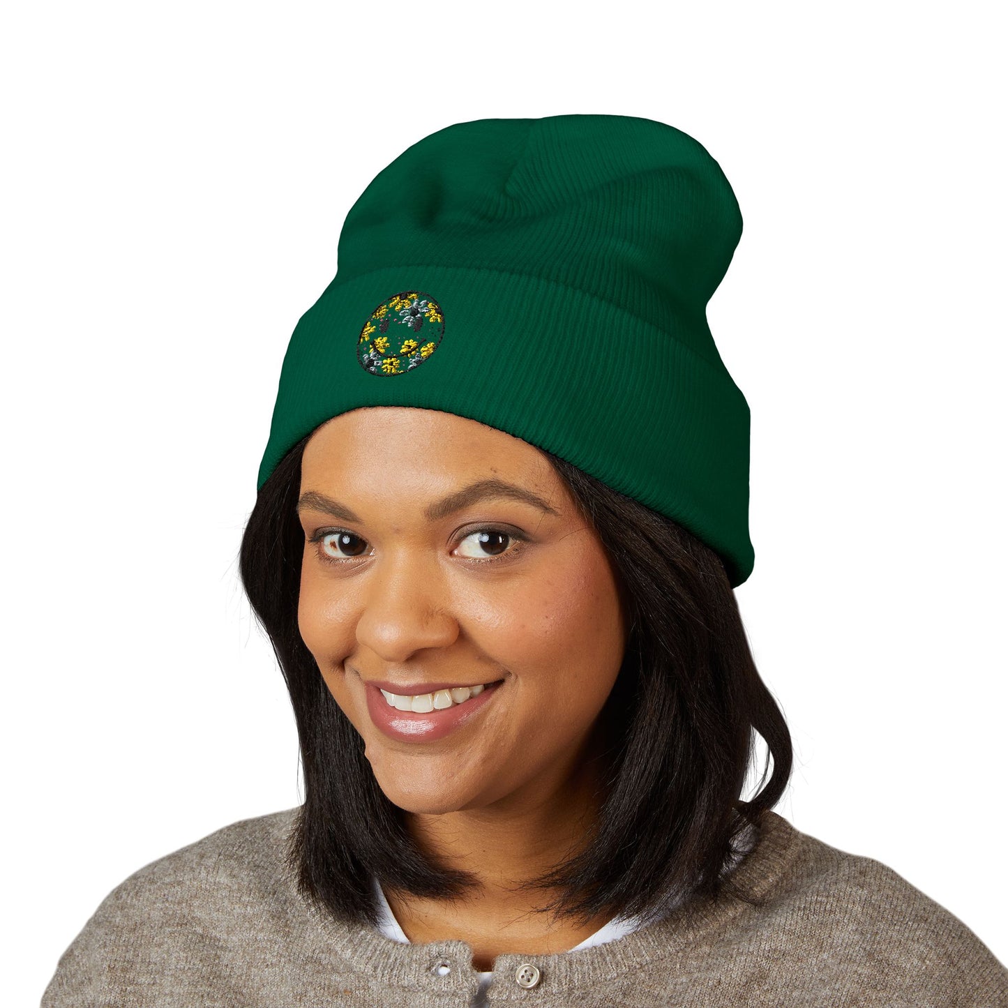 Smiley Daisy Embroidered Beanie — Cute Floral Smile Patch Cuffed Hat
