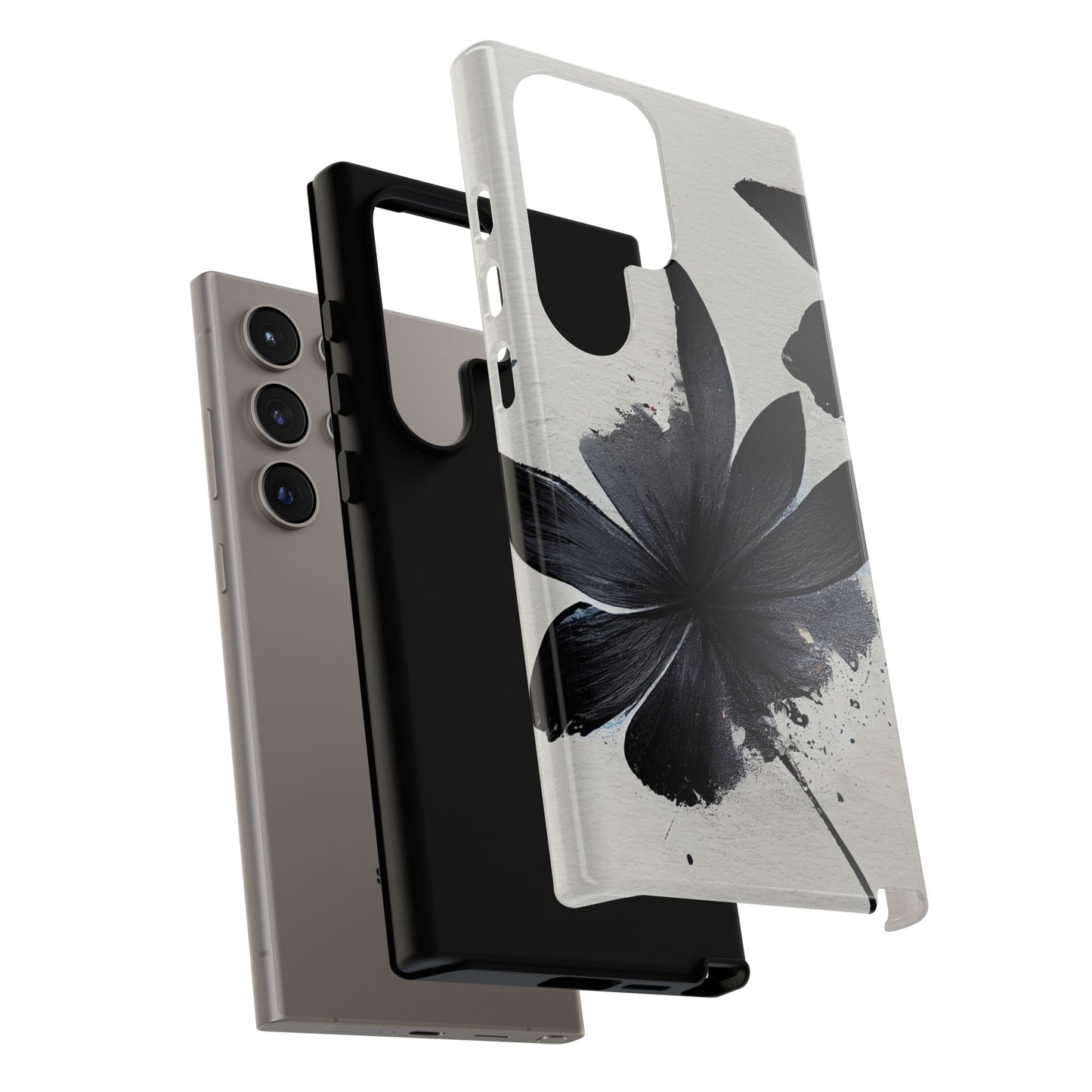 Monochrome Floral Tough Phone Case — Black Ink Flower Protective Cover