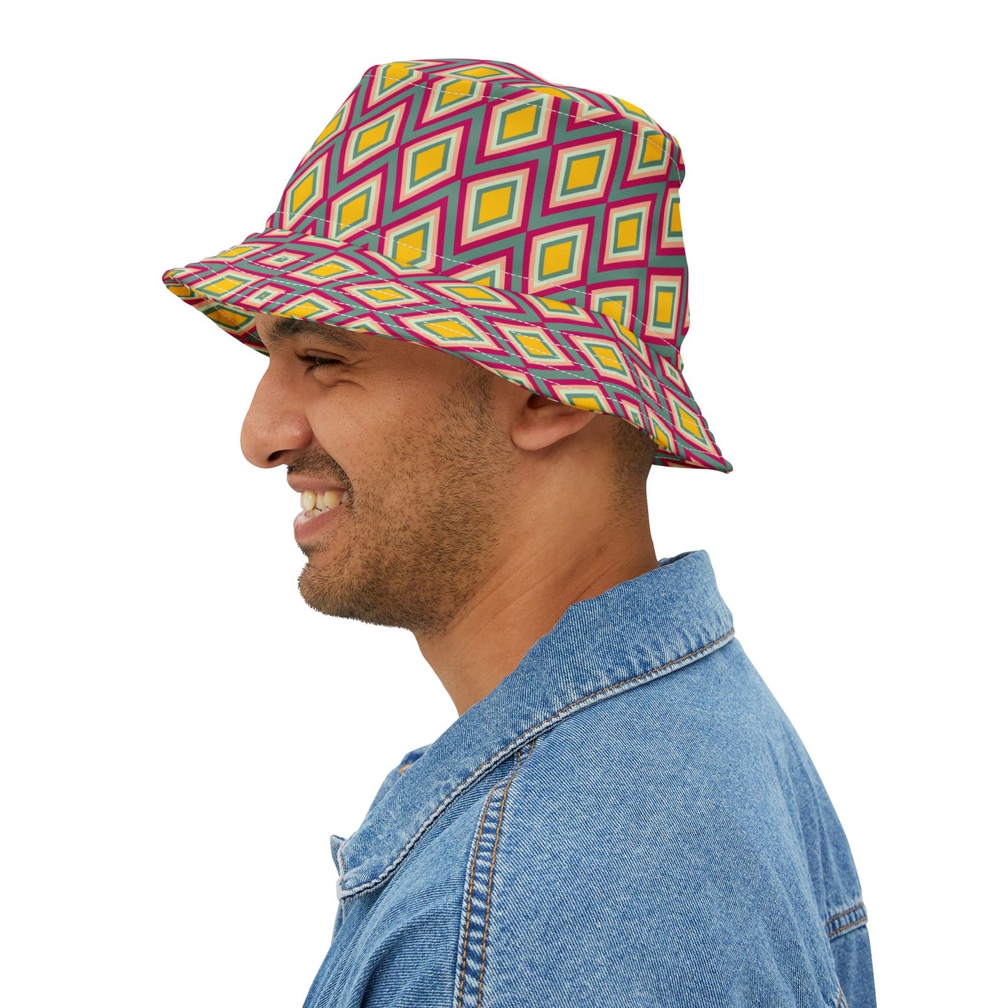 Diamond Geo Print Bucket Hat — Colorful Retro Festival Sun Hat
