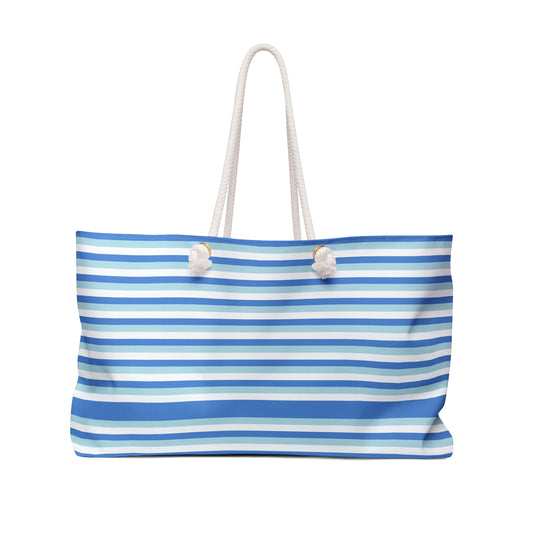 Blue Coastal Stripe Weekender Bag — Nautical Tote for Beach Trips & Weekend Getaways