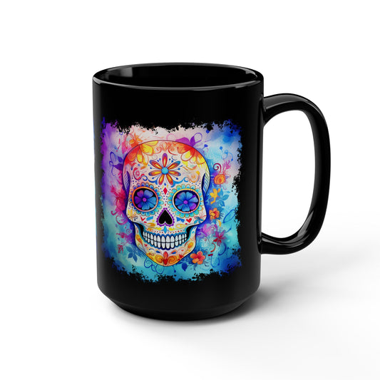 15oz Black Mug — Colorful Watercolor Sugar Skull Coffee Cup
