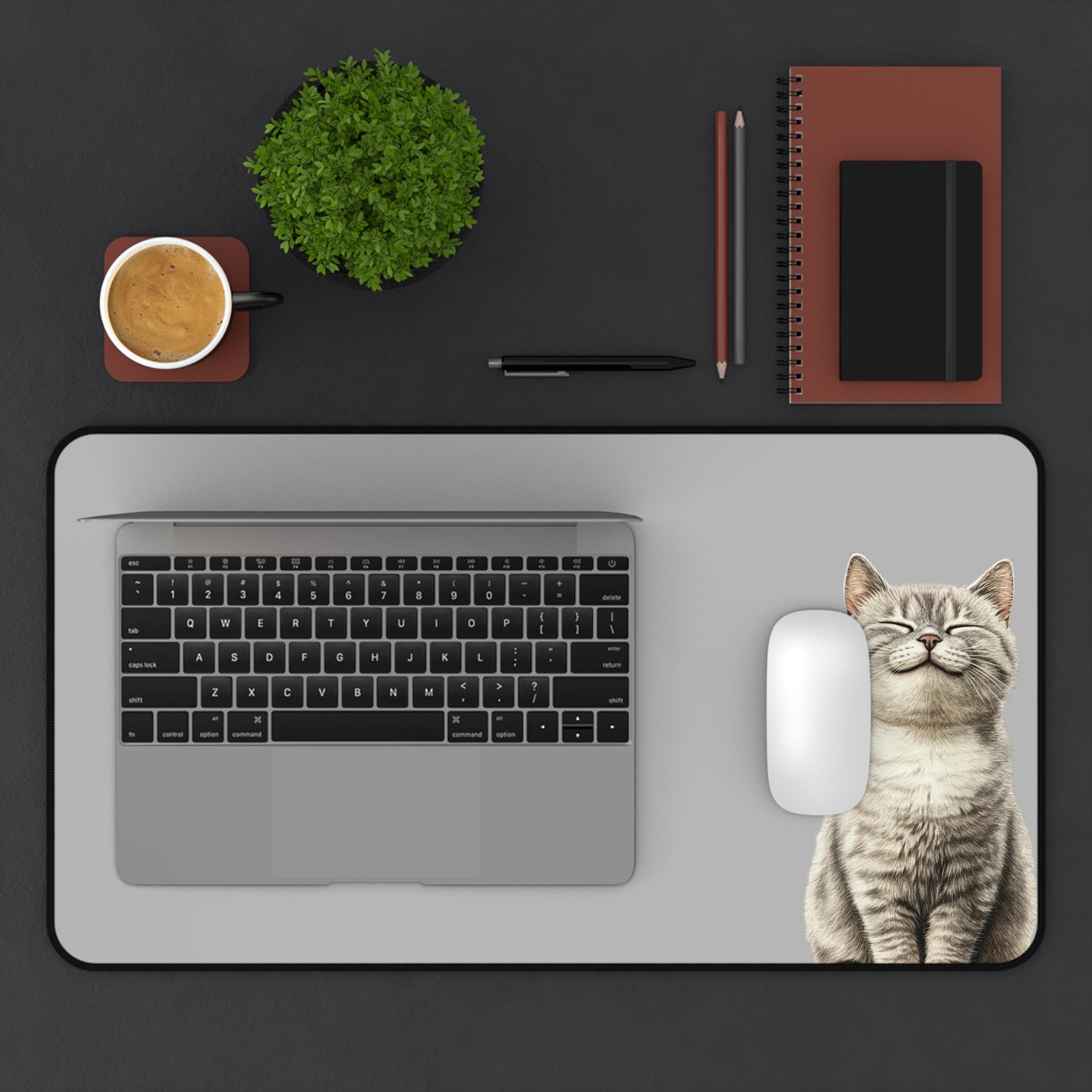 Smiling Cat Desk Mat — Cute Grey Mousepad for Home Office & Gamers