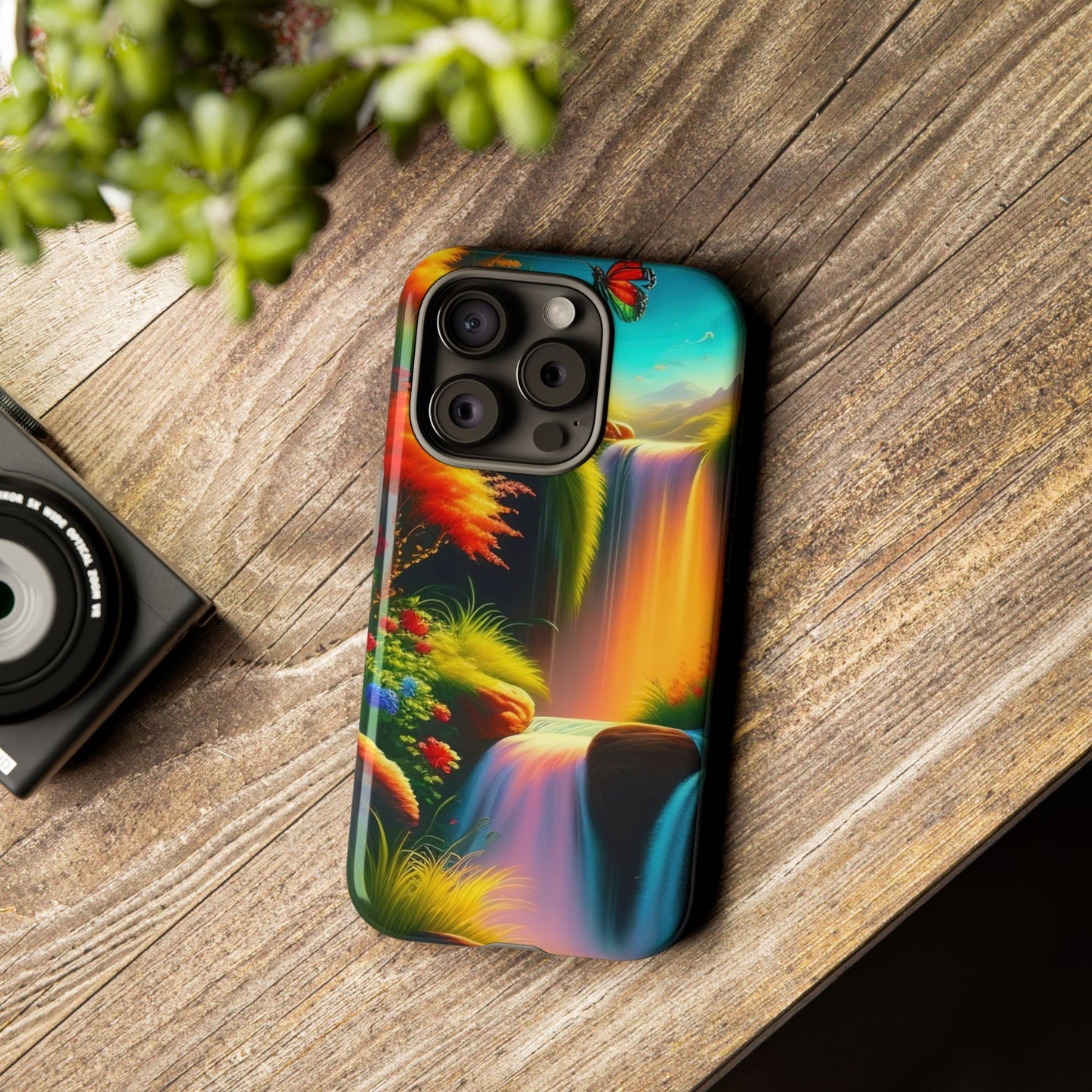 Phone Case - Vibrant Waterfall Landscape with Butterfly | Colorful Nature Protective Case
