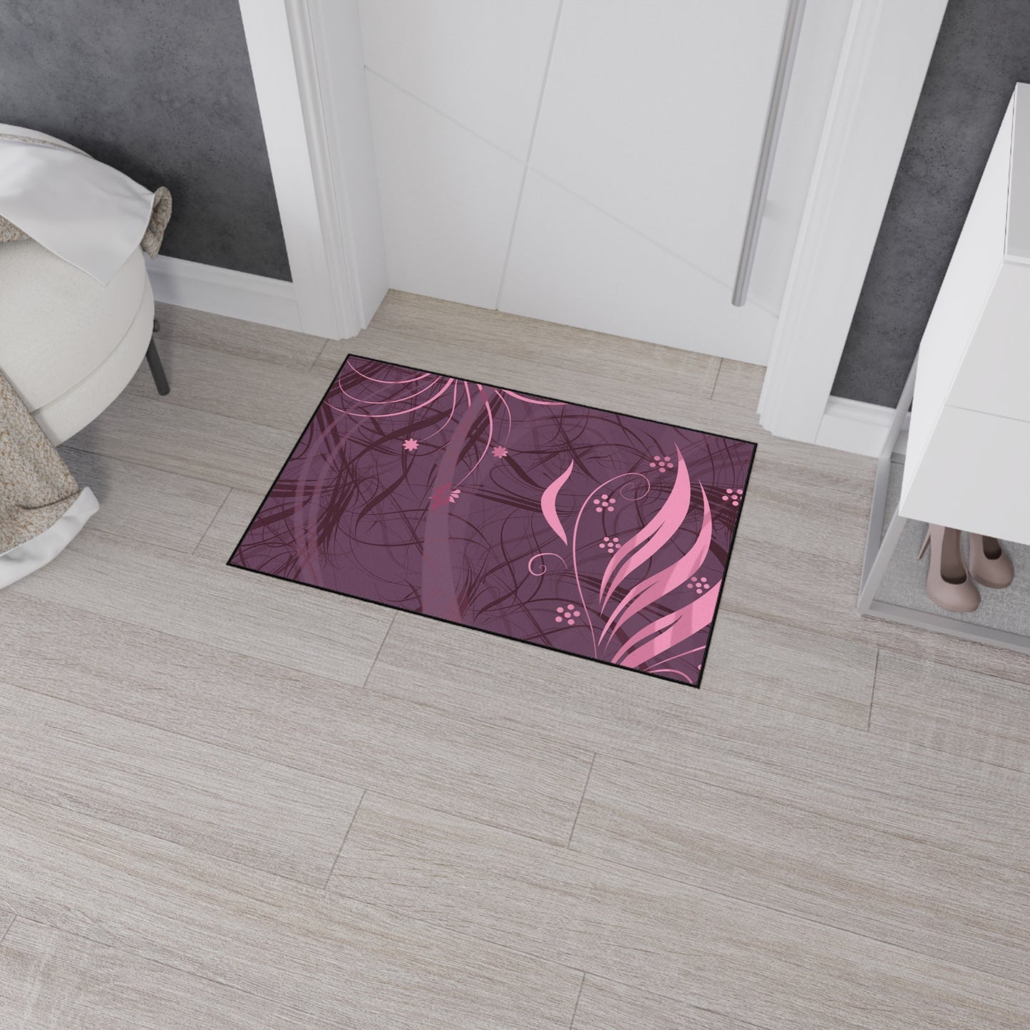 Floral Plum Heavy-Duty Floor Mat — Pink Swirl Entrance Rug