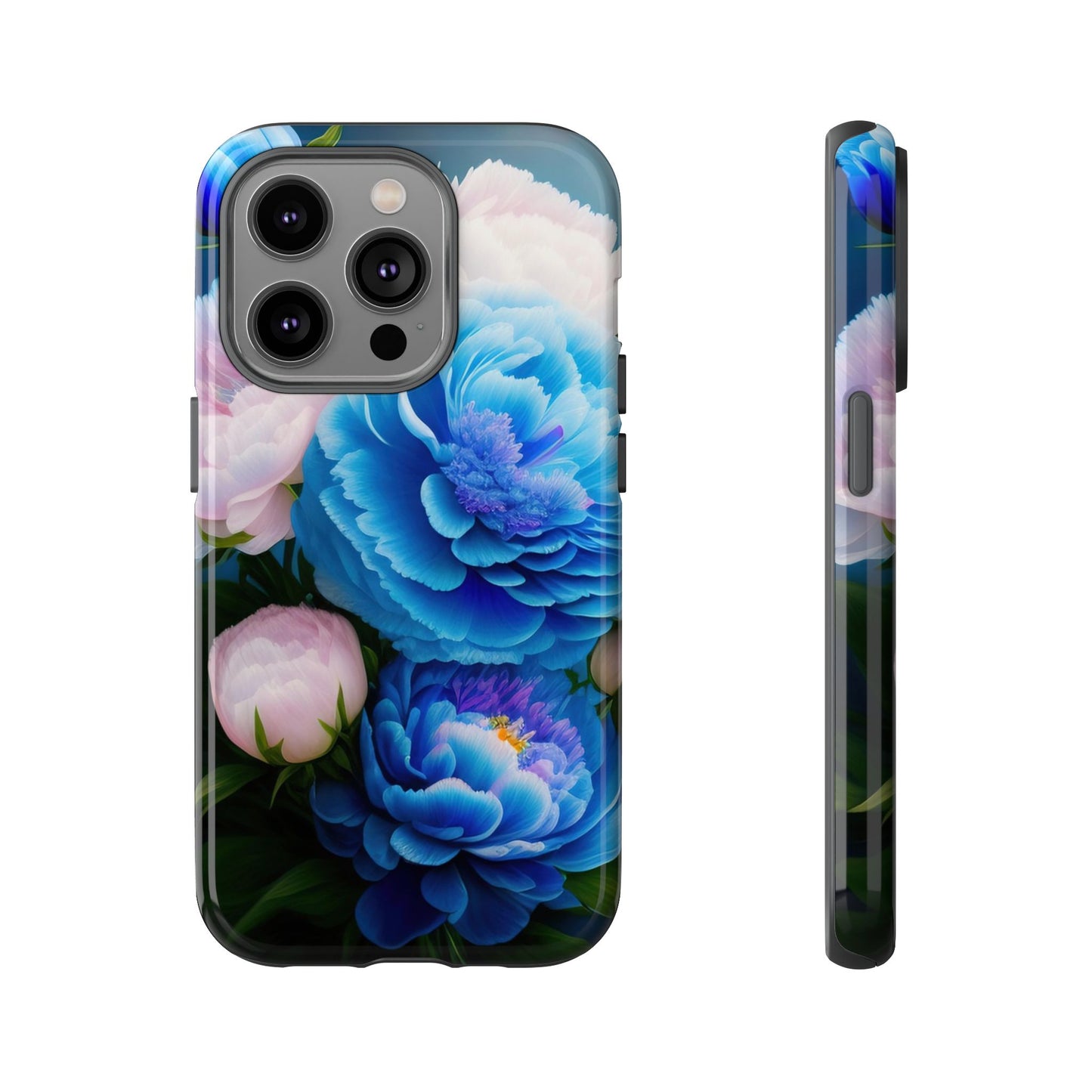 Floral Blue Peony Phone Case — Protective Tough Case with Pink & Blue Blooms