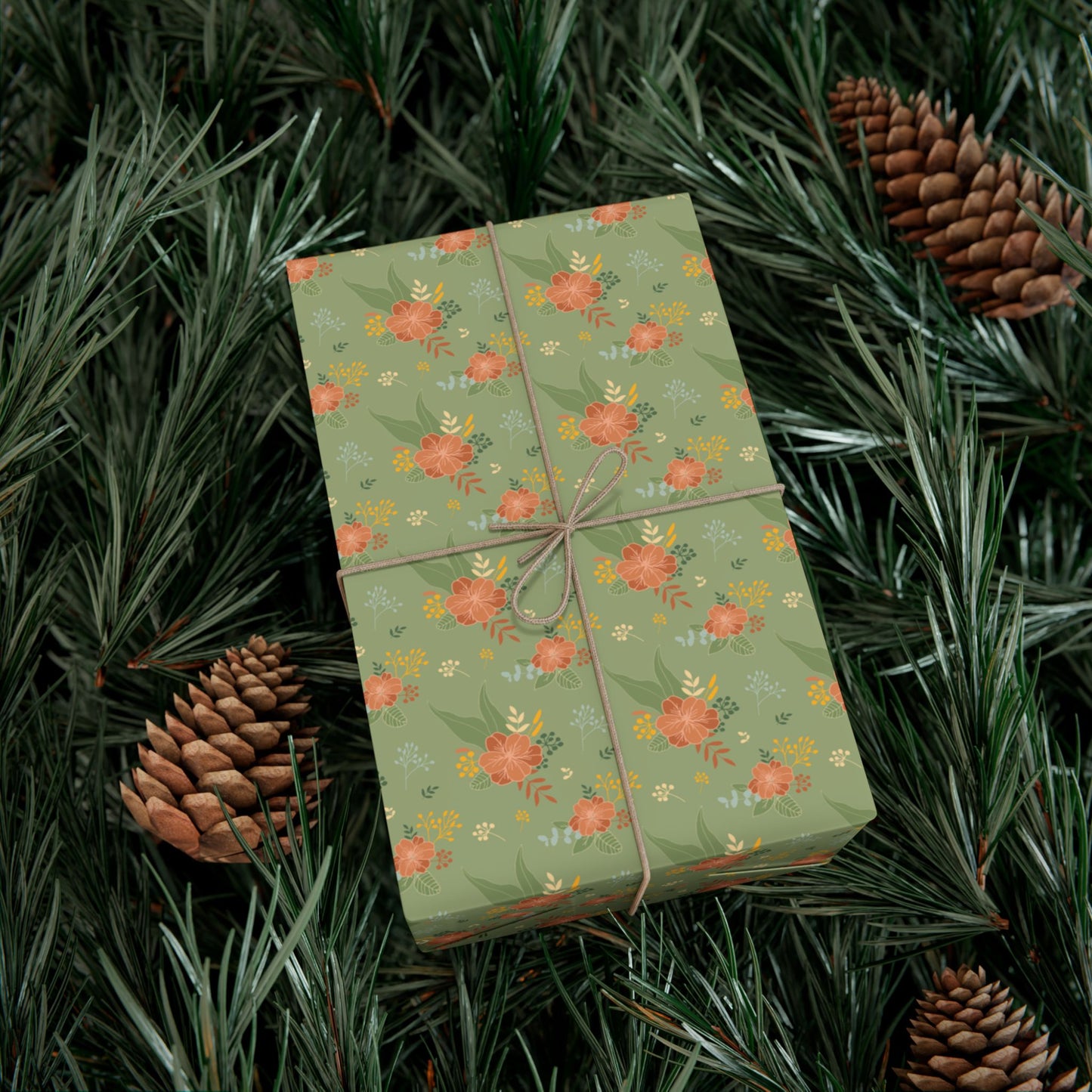 Gift Wrap Paper — Vintage Green Floral Pattern, Rose Bouquet Wrapping Sheets