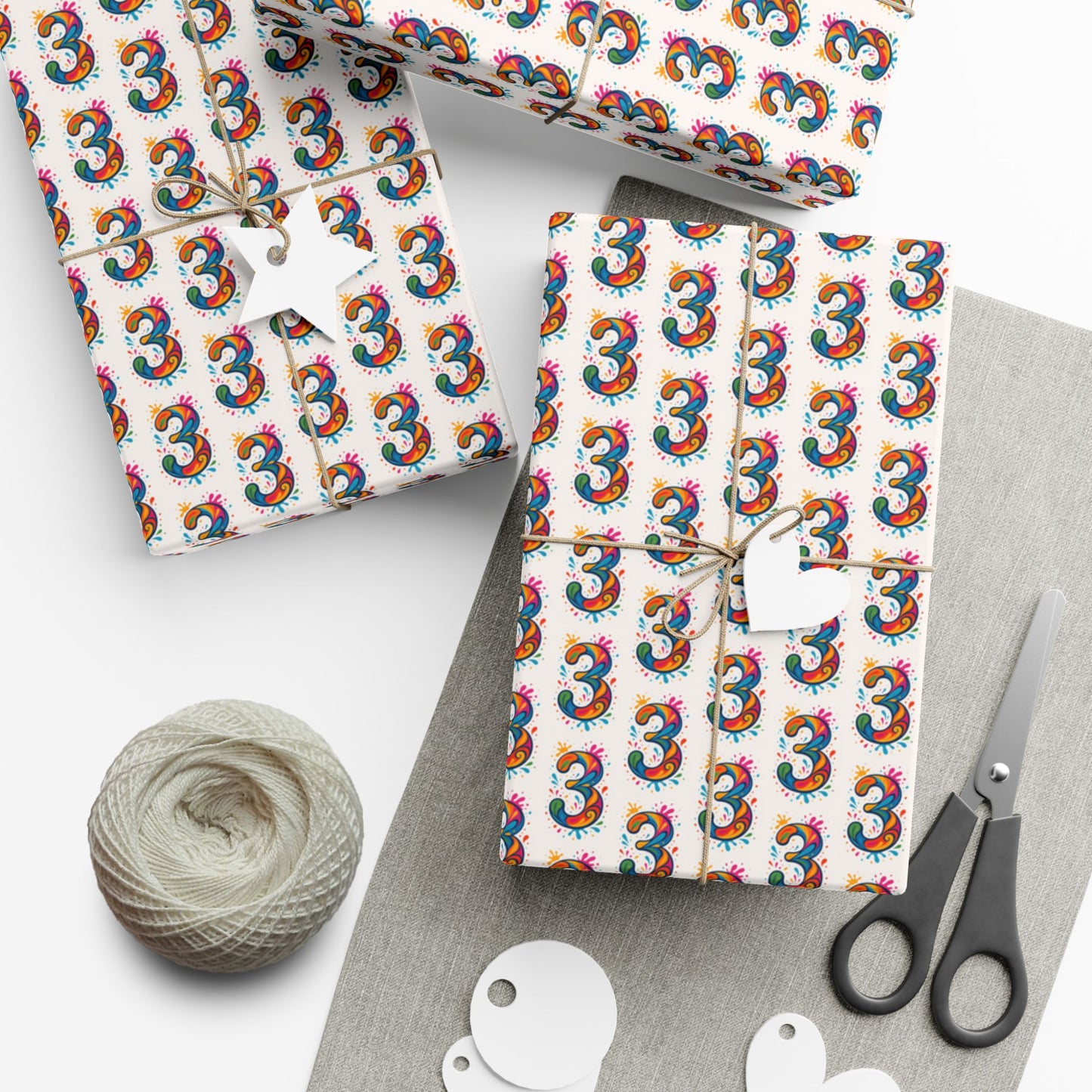 Number 3 Rainbow Pattern Gift Wrap Paper — Birthday Wrapping Sheets for 3rd Birthday Celebrations