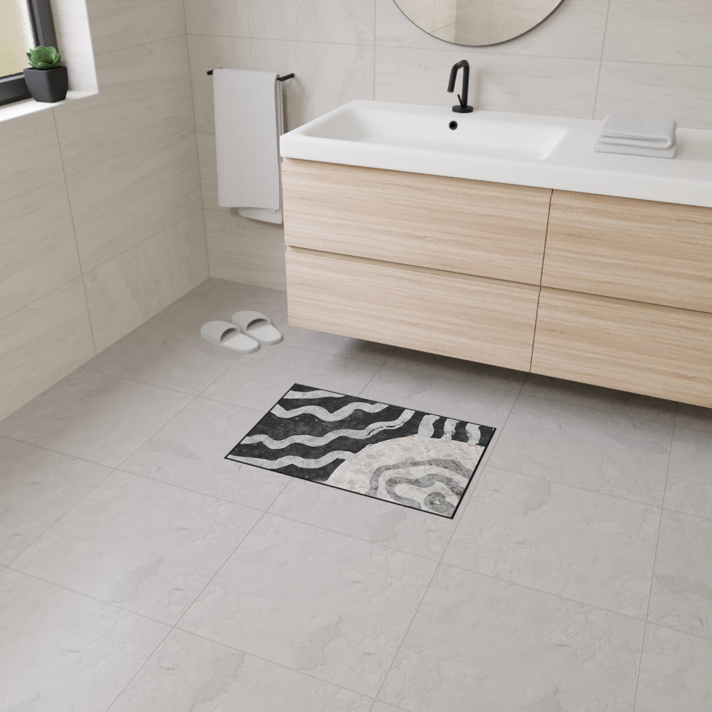 Abstract Black & Gray Heavy Duty Floor Mat — Modern Wave Rug for Entryway, Kitchen, or Office