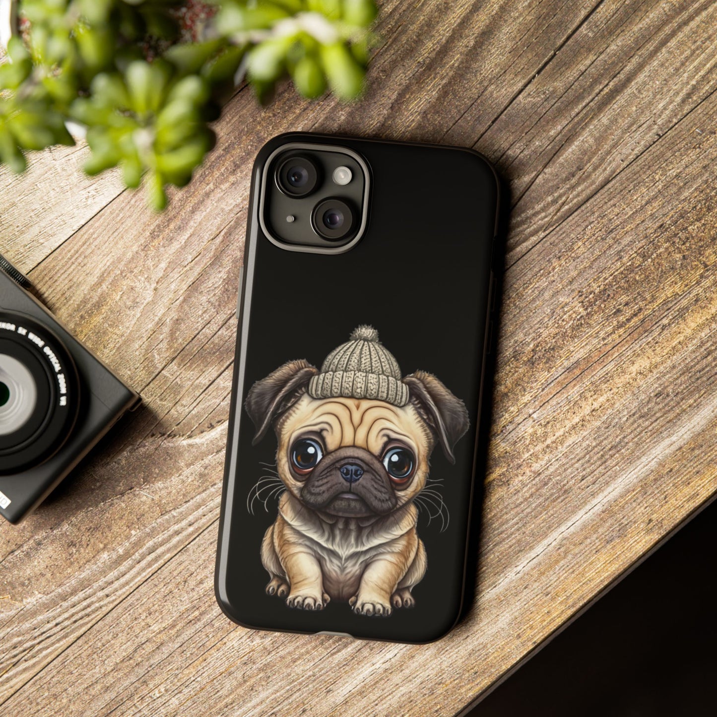 Pug Phone Case – Cute Pug Puppy Illustration on Black Tough Case