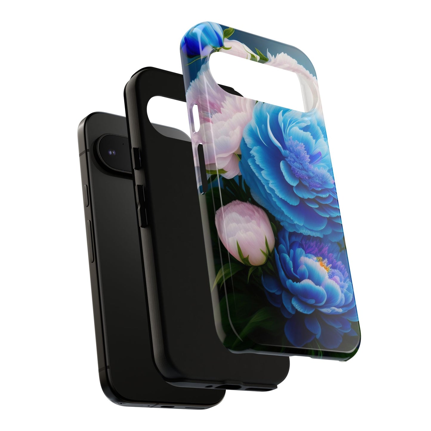 Floral Blue Peony Phone Case — Protective Tough Case with Pink & Blue Blooms