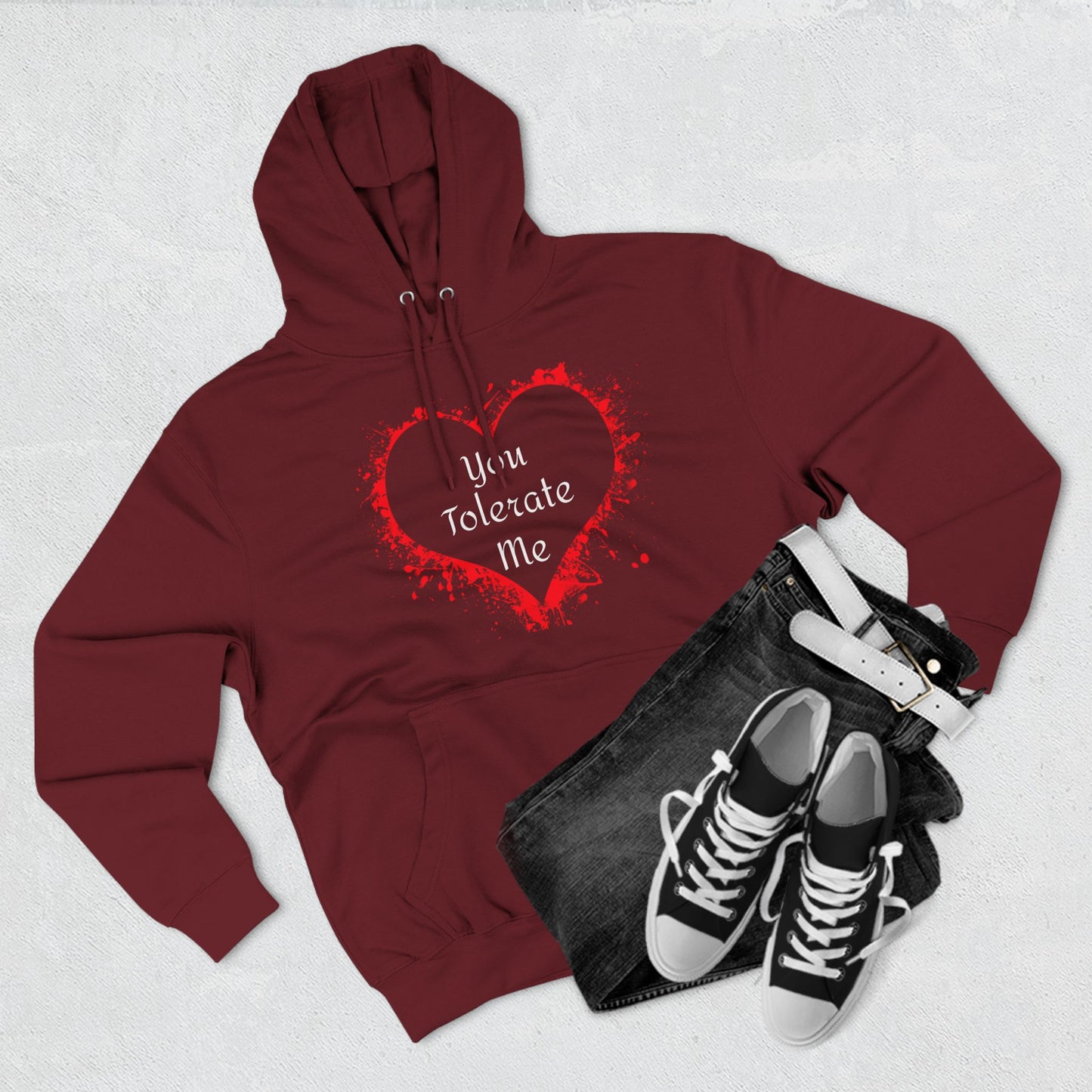 Heart Splash Hoodie — "Love Tolerate Me" Graphic Pullover